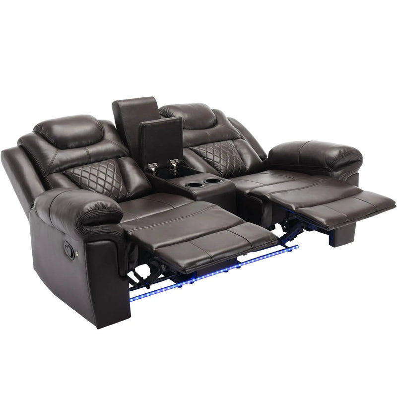 3 Pieces Recliner Sofa Sets Home Theater Seating Manual Recliner Chair & Center Console And LED Light Strip For Living Room - Brown by HouseOfZazla