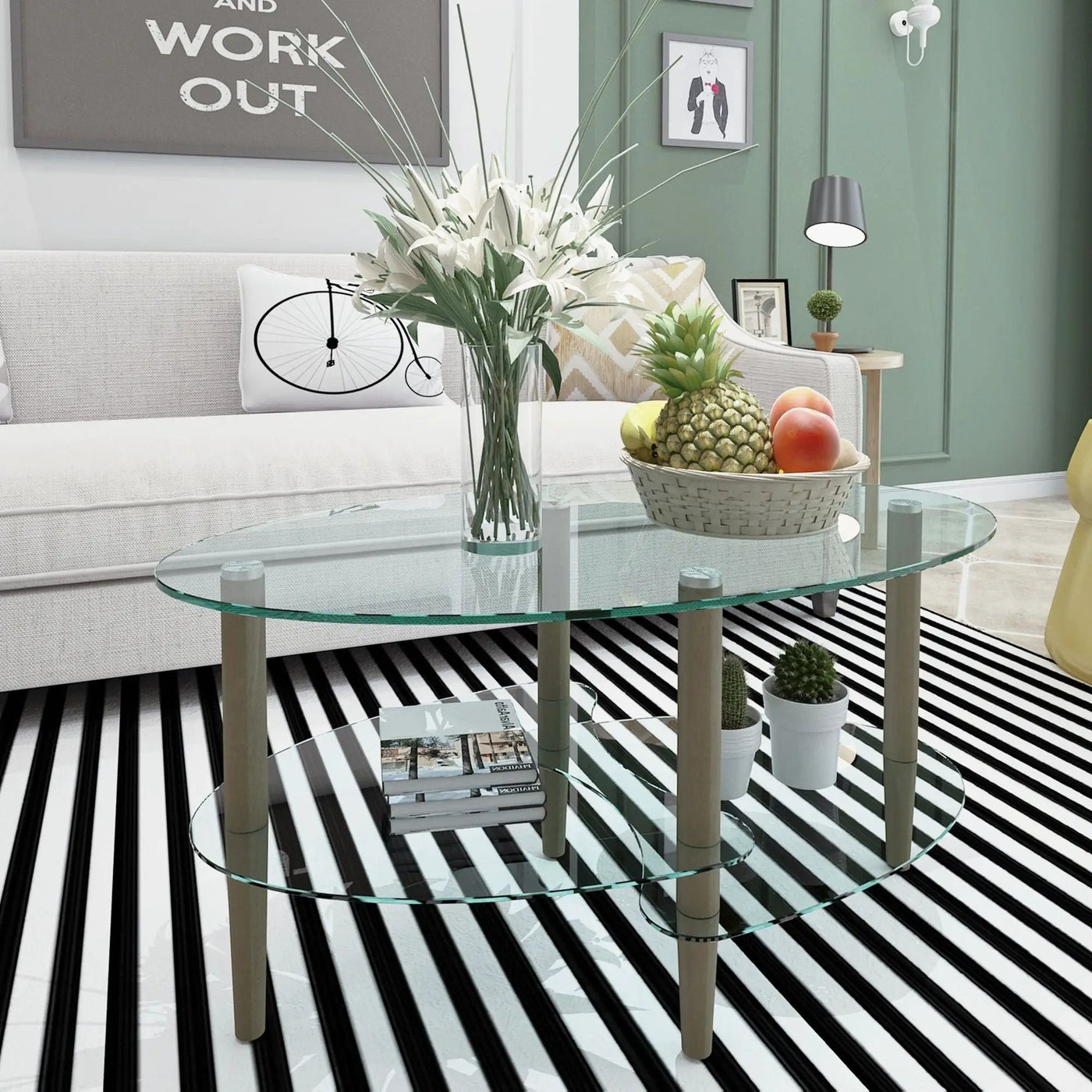 Transparent Oval Glass Coffee Table, Modern Table In Living Room Oak Wood Leg Tea Table 3-Layer Glass Table by HouseOfZazla
