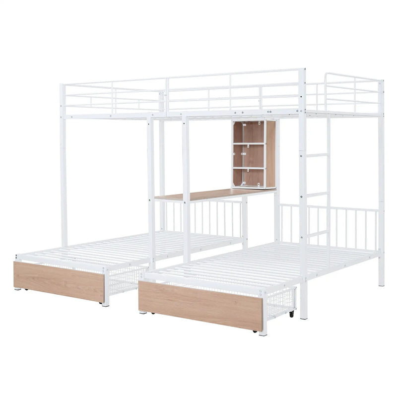 Triple Bunk Bed With Drawers, Multi-Functional Frame With Desks And Shelves In The Middle by Unique Piece Furniture