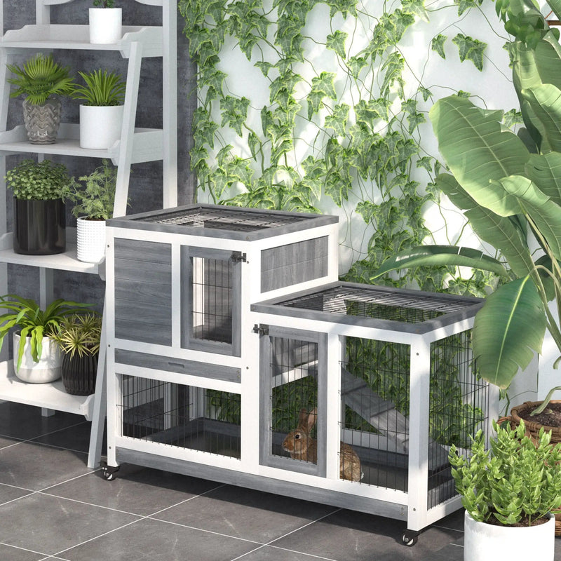 Pawhut - Wooden Rabbit Hutch Elevated Bunny Cage Indoor Small Animal Habitat With Enclosed Run With Wheels, Ramp, Removable Tray Ideal For Guinea Pigs - Gray by HouseOfZazla