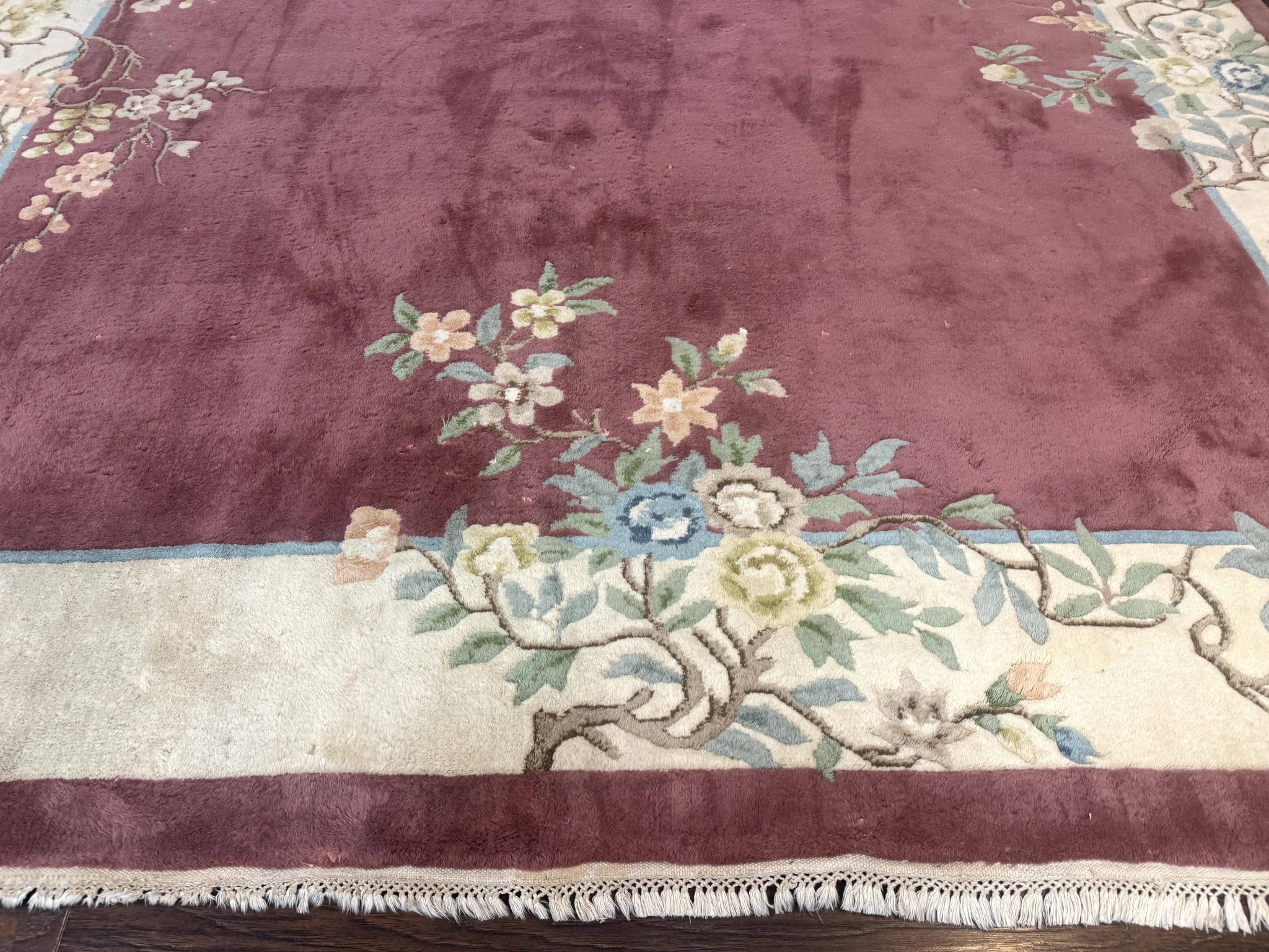 Indo Chinese Art Deco Rug 9x12, Pink and Ivory, Open Filed, Floral, Wool by Jewel Rugs