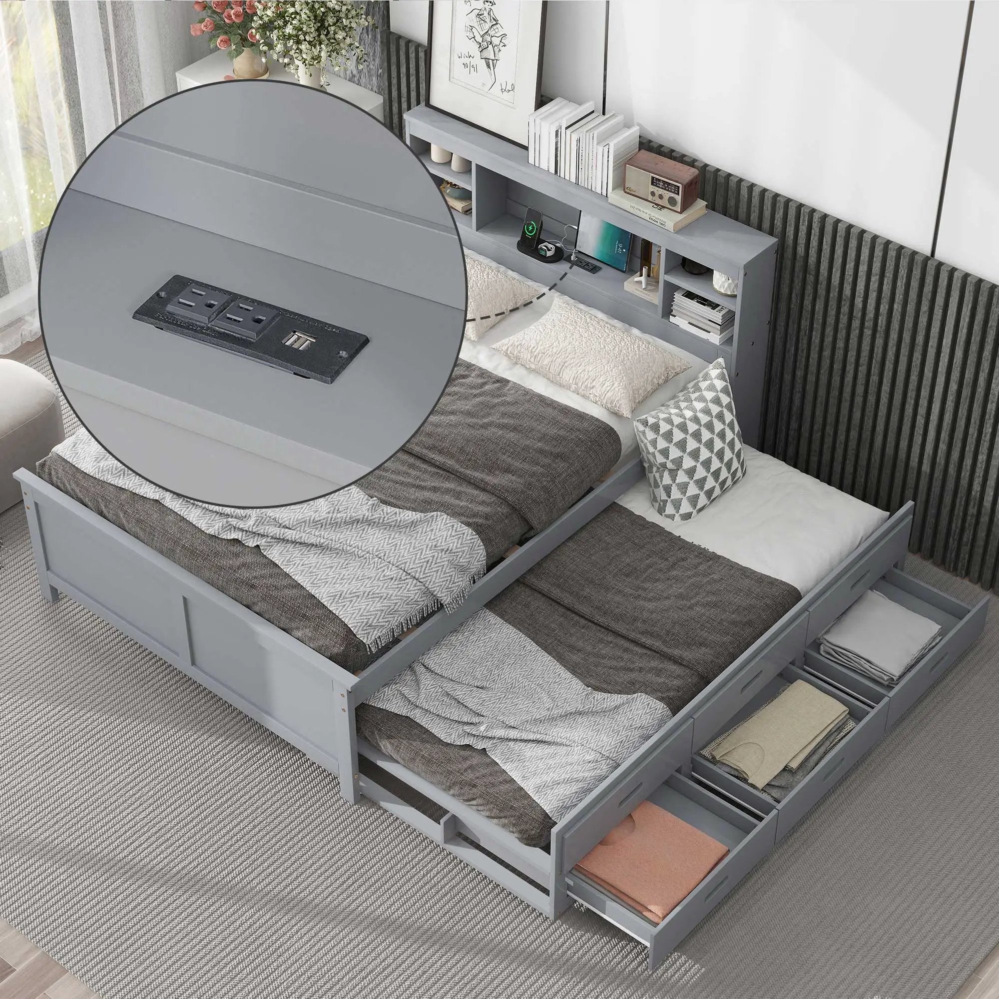 Platform Bed With Storage Headboard, USB, Trundle And 3 Drawers by Unique Piece Furniture