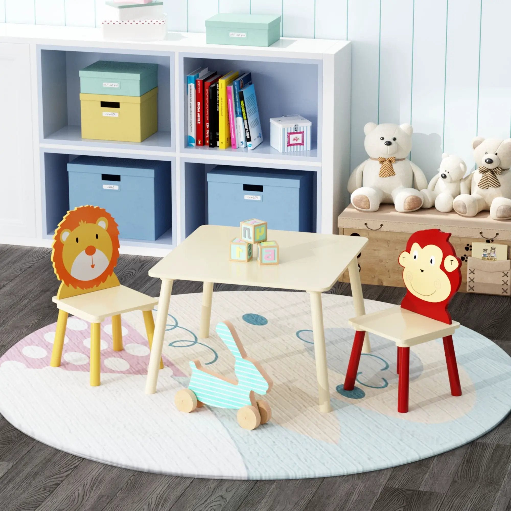Kids Table And 2 Chairs Set, 3 Pieces Toddler Table And Chair Set, Wooden Activity Play Table Set (Lion&Monkey) - Natural by HouseOfZazla