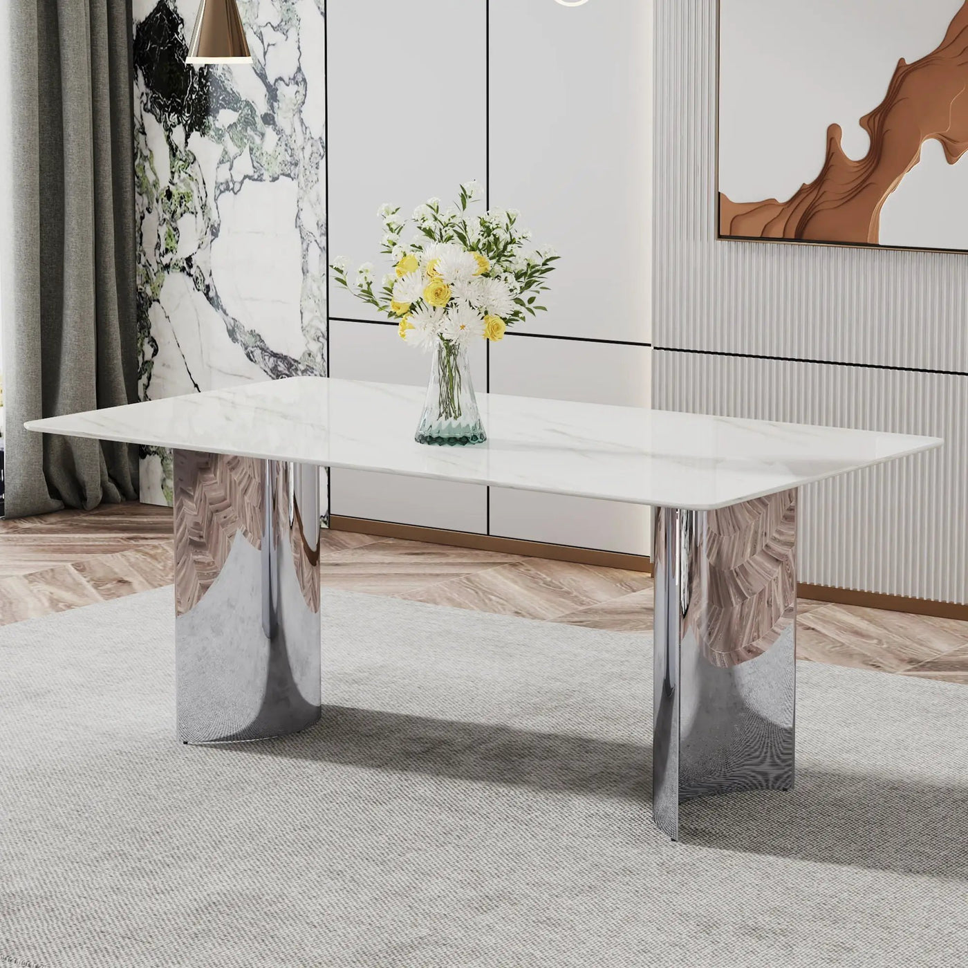 Modern Minimalist Dining Table With Marble Glass Top by HouseOfZazla