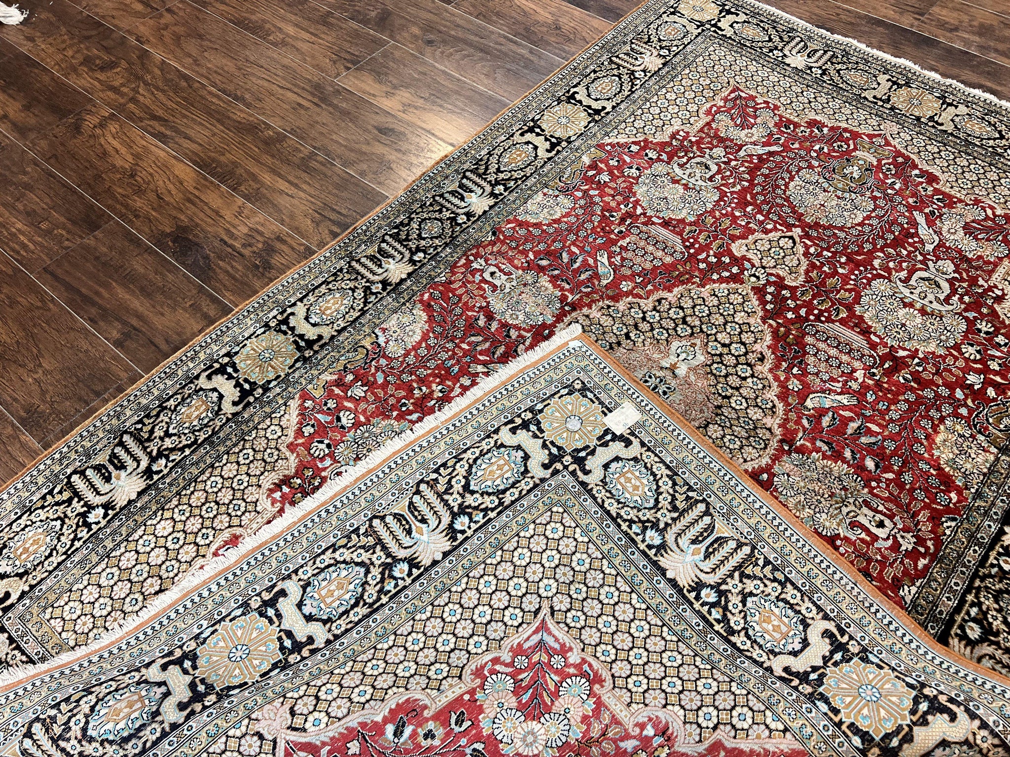 Wonderful Persian Silk Rug 5x7, Birds Floral Vases, Red, Hand Knotted Silk Fine Oriental Carpet, Handmade Vintage, Persian Qum Rug, 400 KPSI by Jewel Rugs