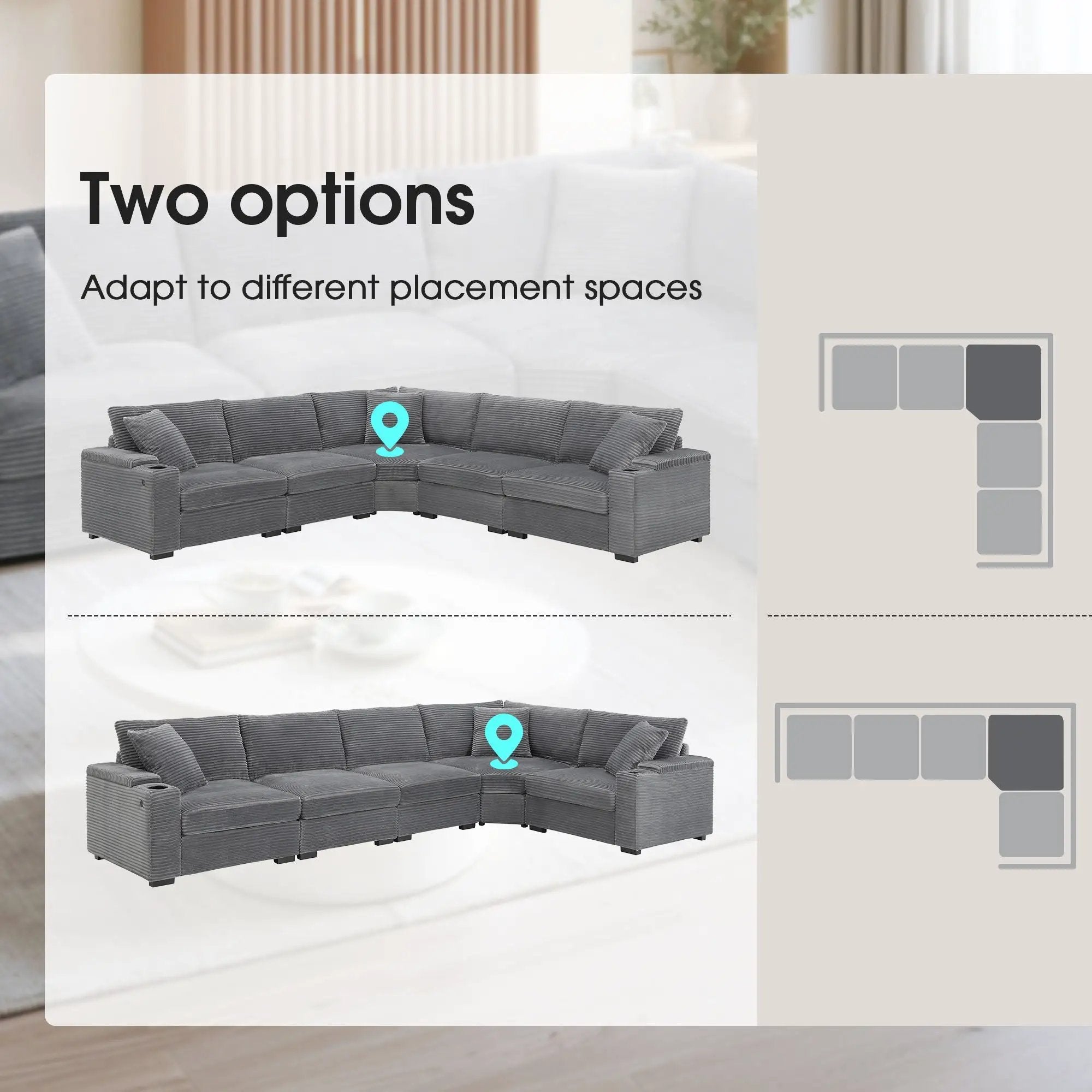 Convertible L Shaped Sectional Corner Couch With Armrest Storage Cup Holders USB Charger, Irregular Corner Oversized Comfy Modular Sofa by Unique Piece Furniture