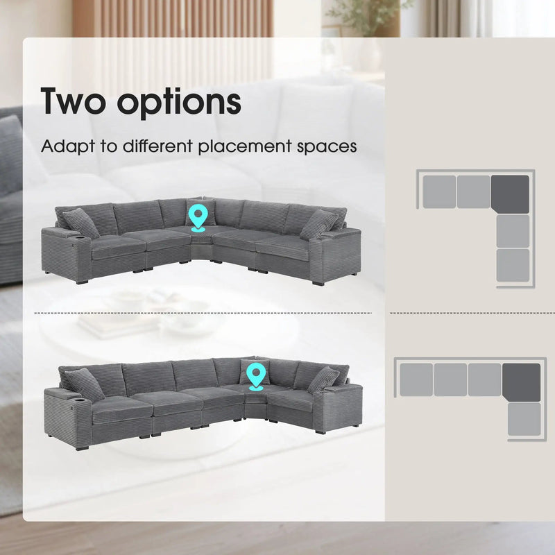 Convertible L Shaped Sectional Corner Couch With Armrest Storage Cup Holders USB Charger, Irregular Corner Oversized Comfy Modular Sofa by HouseOfZazla