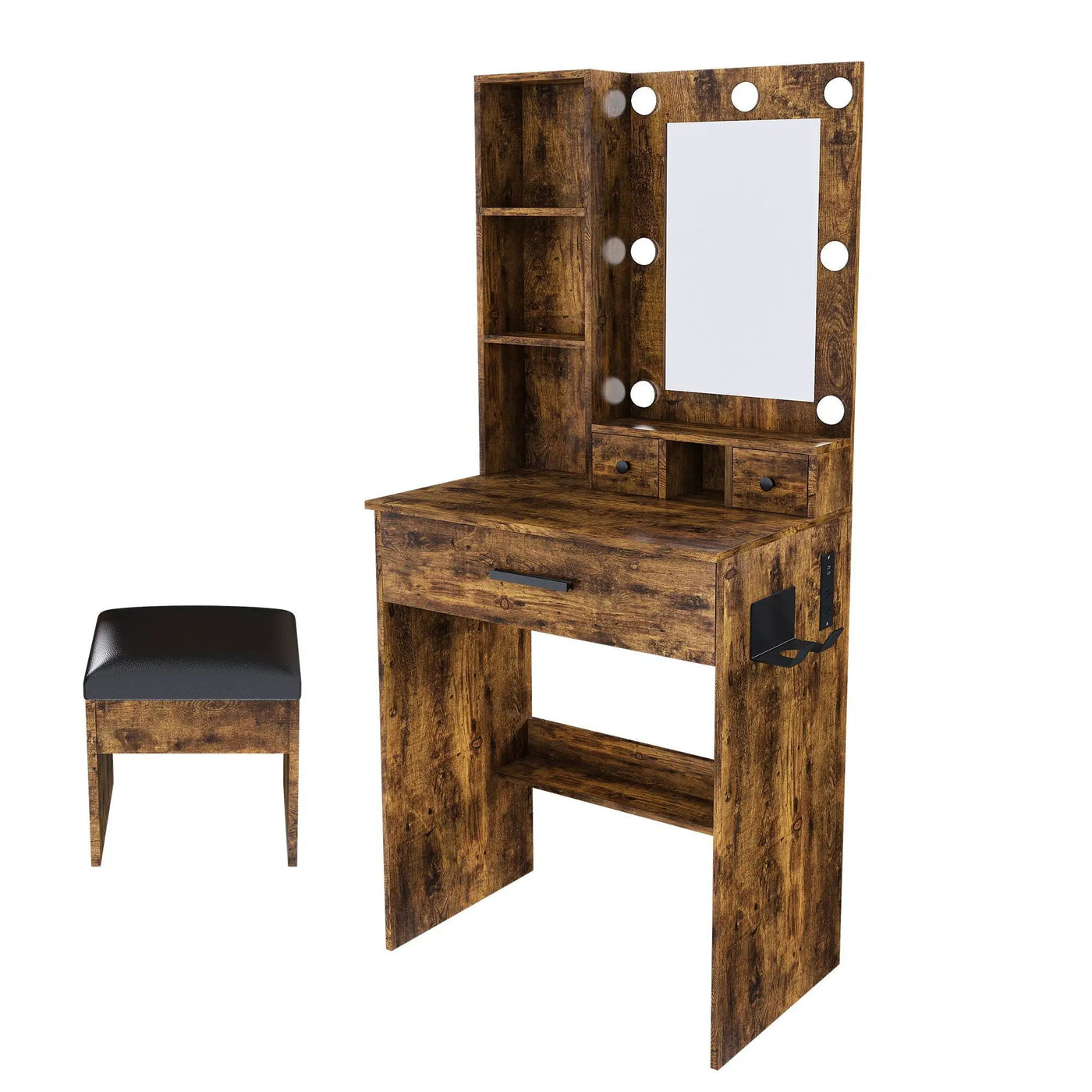 Vanity Table With Mirror, Adjustable LED Lights, Power Outlet, Hairdryer Holder & Stool by HouseOfZazla