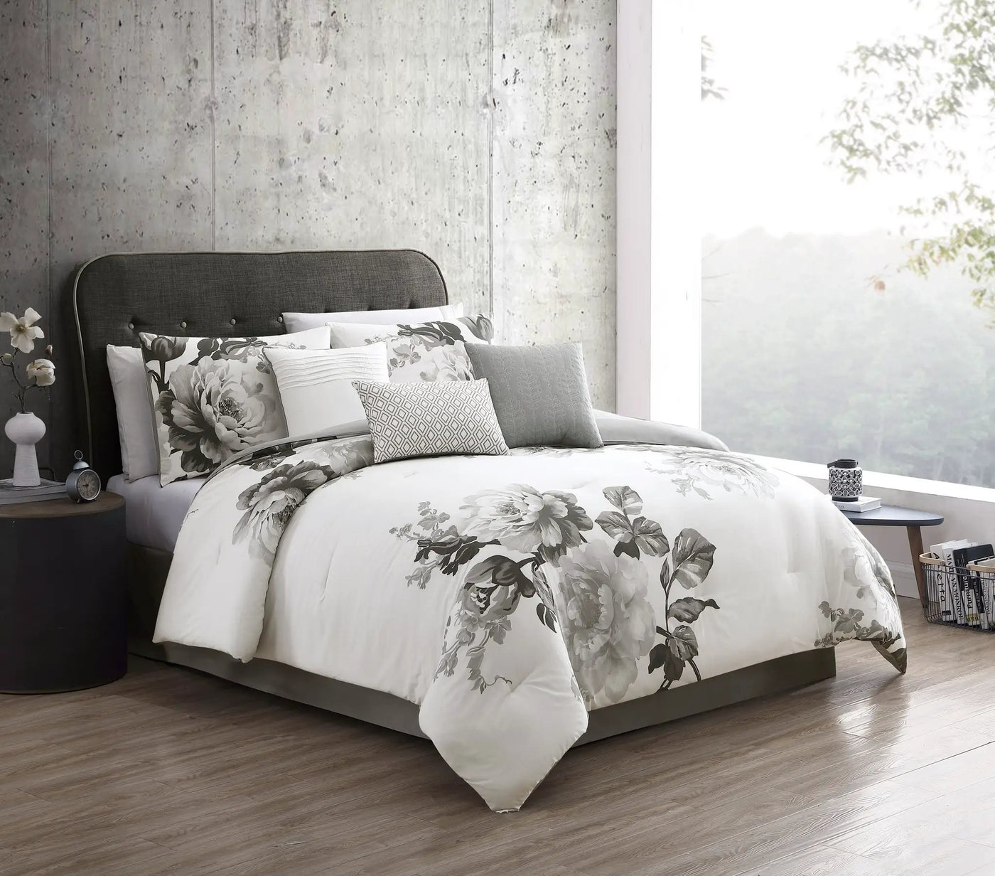 Ridgely 7 Pc Watercolor Black and White Floral Comforter Set by HouseOfZazla