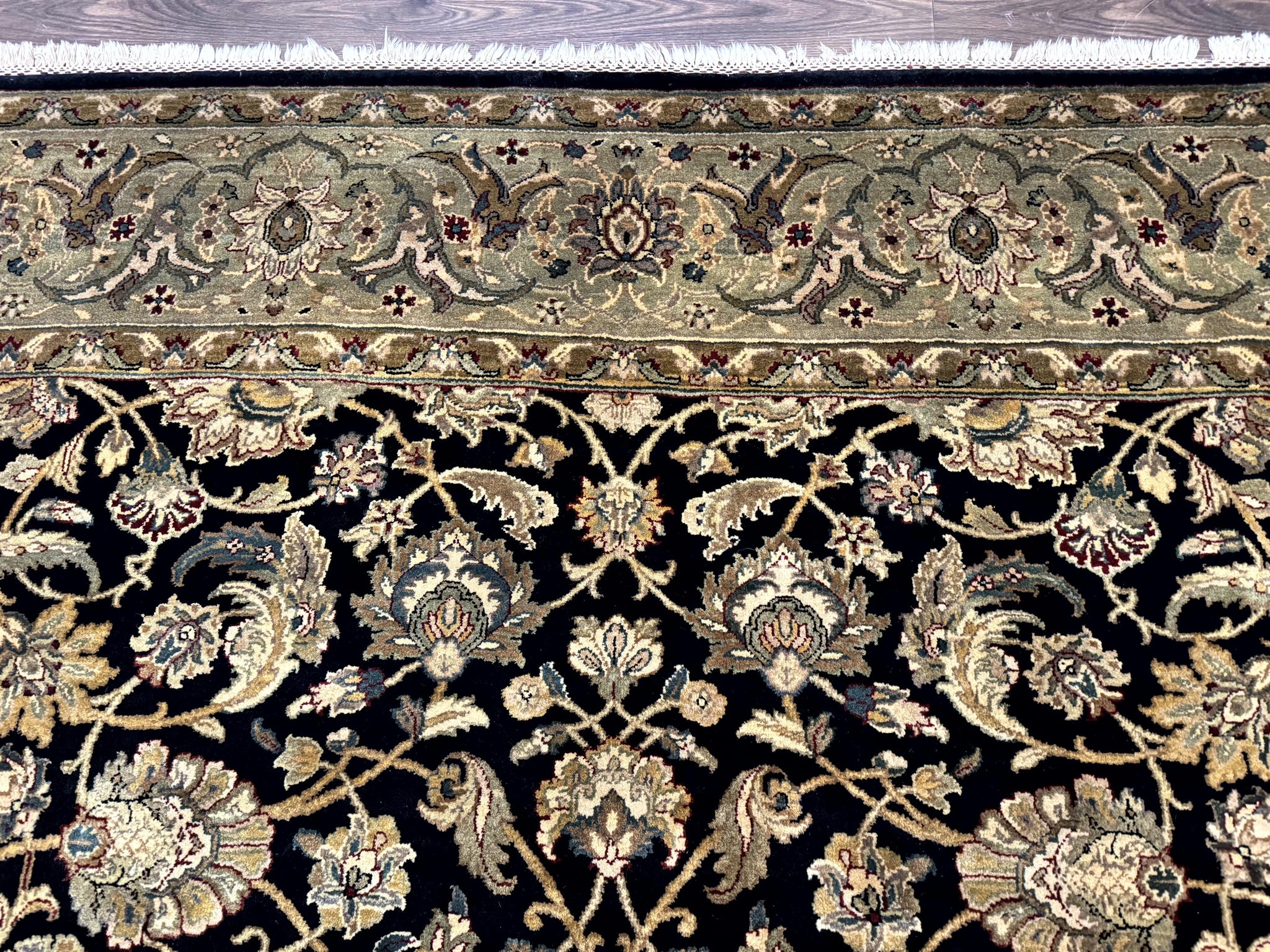 Indo Persian Rug 8x10, Black and Green, Wool, Handmade, Traditional, Floral Allover, Vintage by Jewel Rugs