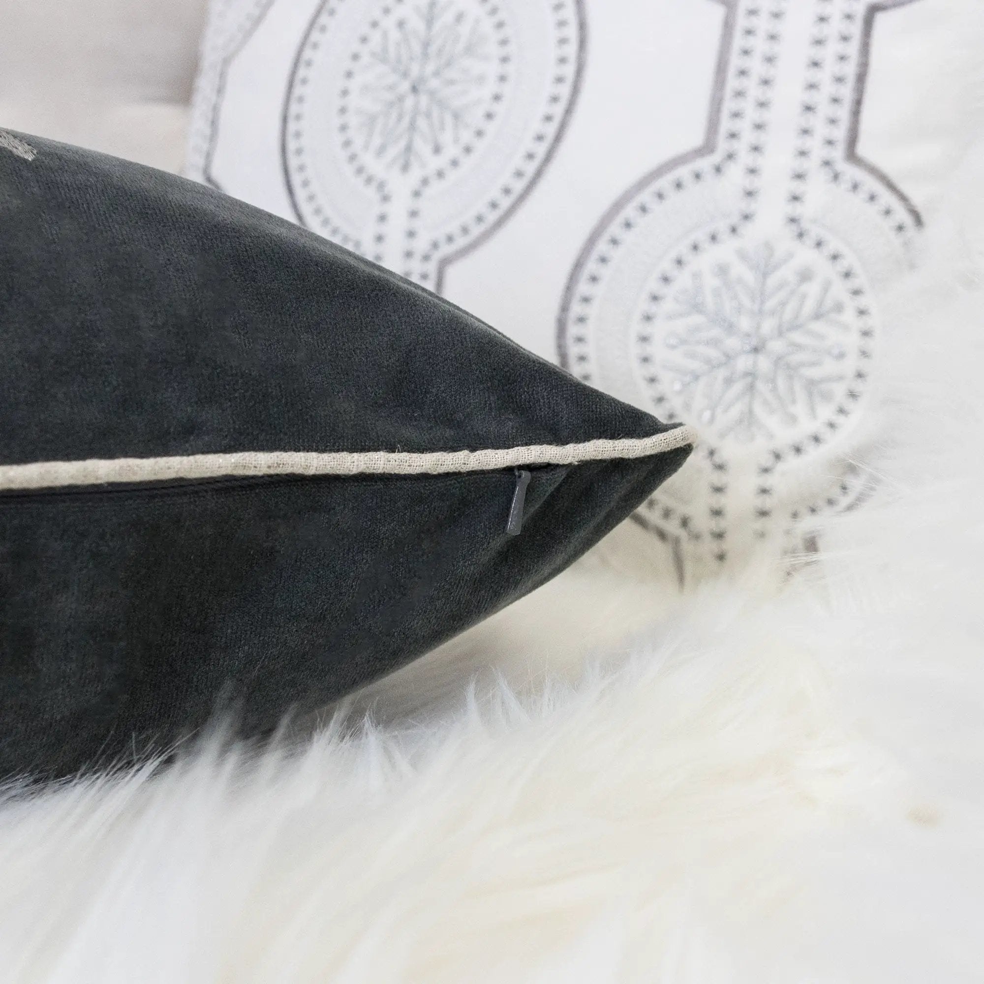 Gray Velvet Holiday Throw Pillow with Snowflake Wreath Embroidery by HouseOfZazla
