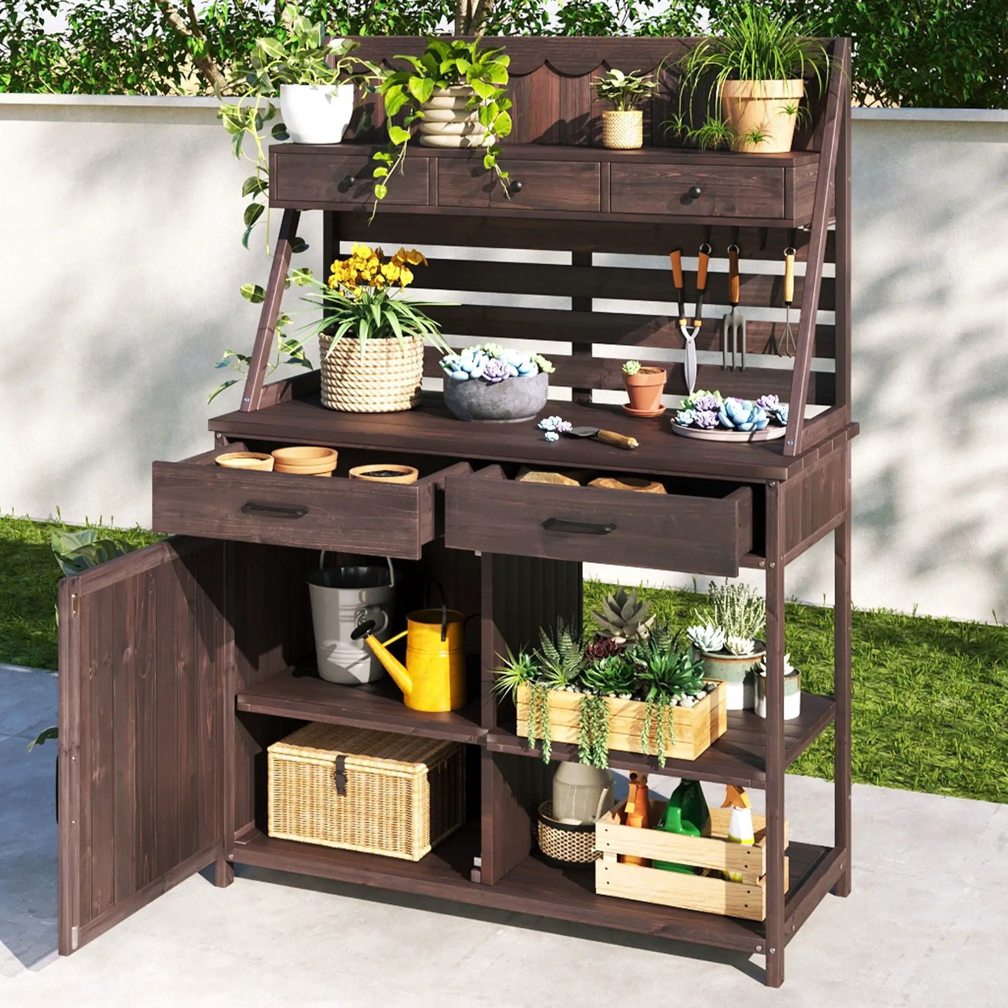 Potting Bench With 5 Drawer Storage And Slatted Back Panel, Garden Workstation - Brown by HouseOfZazla