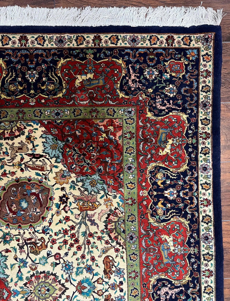 Wonderful Sino Persian Rug 6x10 with Animal Pictorial Motifs, Cream Dark Red Navy Blue, Birds Gazelles, Two Medallions, Top Quality Handmade by Jewel Rugs