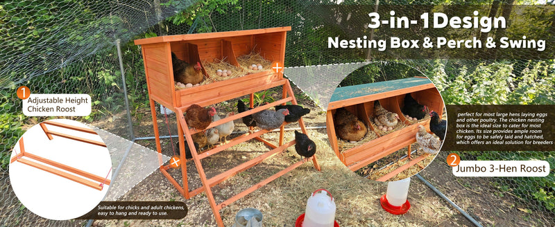 3-in-1 Nesting Boxes for Chickens with Perch and Swing by HouseOfZazla