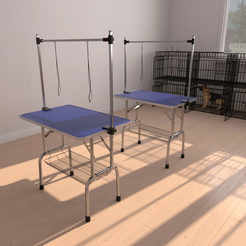Folding Dog Pet Grooming Table Stainless Steel Frame Rubber Mat On Board With Adjustable Arm And Clamps Pet Dog Cat Grooming Table by HouseOfZazla