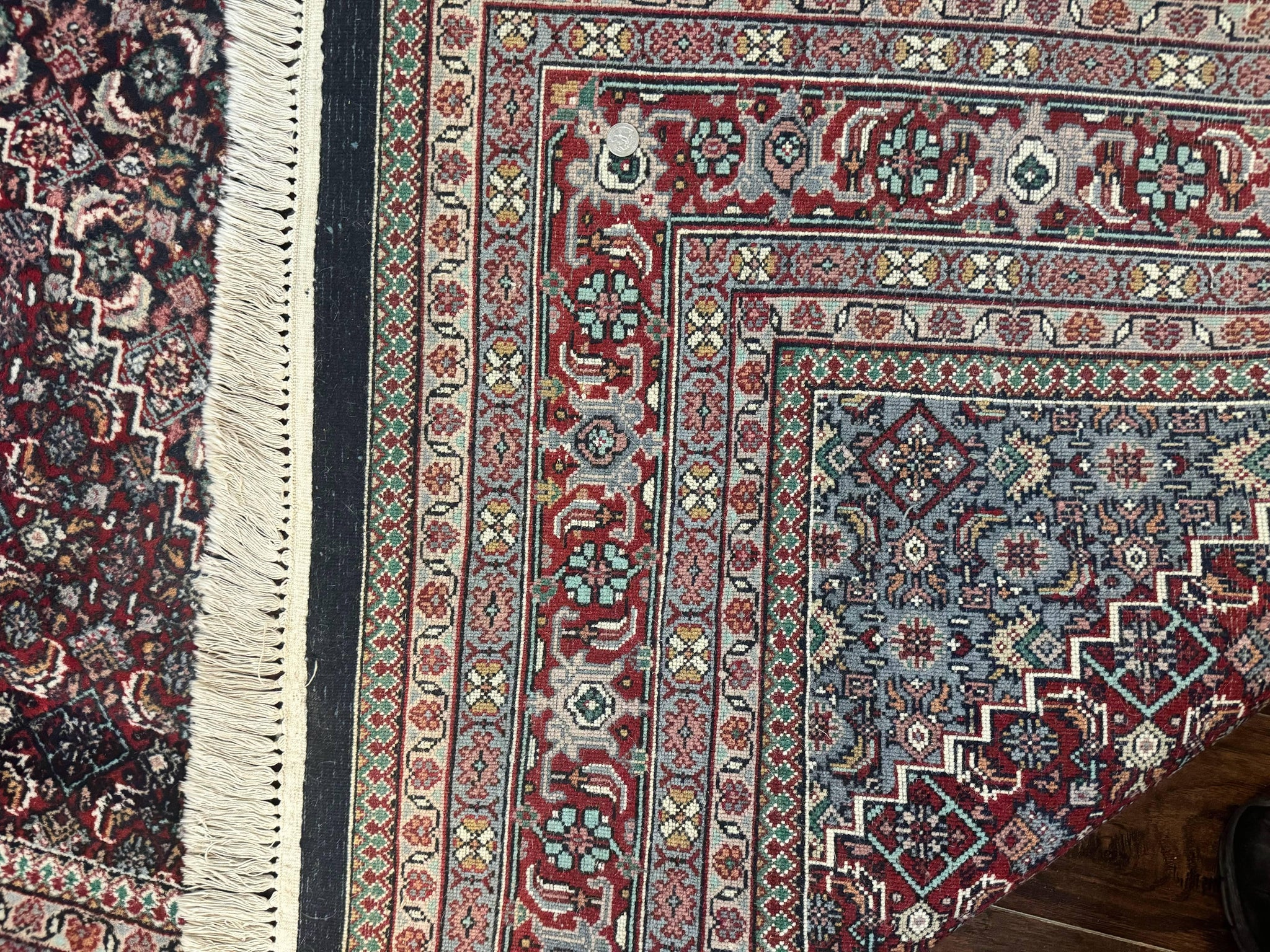 Indo Persian Bidjar Rug 8x11, Herati Mahi Pattern, Red Navy Blue, Handmade Vintage Wool Carpet by Jewel Rugs
