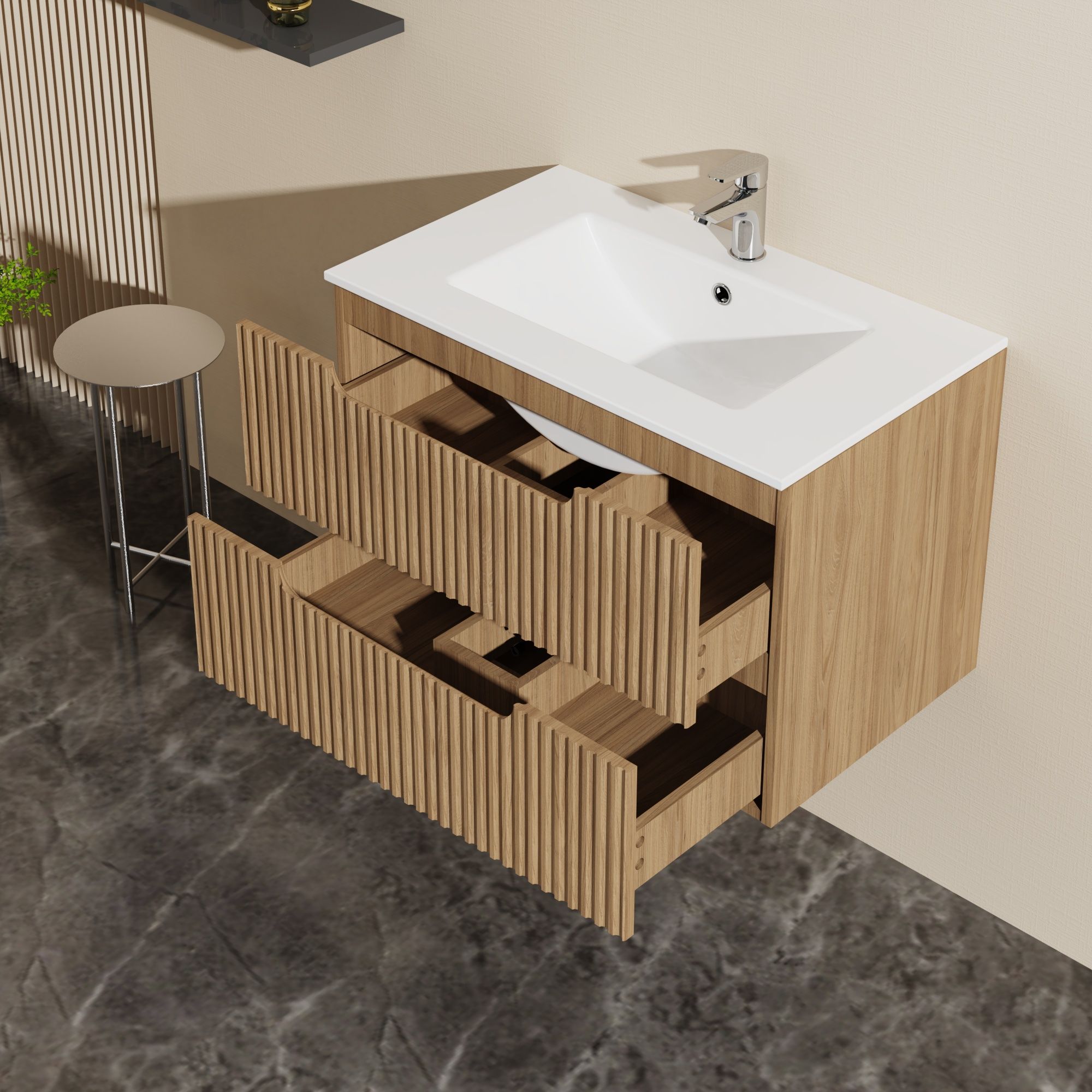 30" Wall Mounted Bathroom Vanity With Sink, Soft Close System, And Spacious Drawers - Walnut by HouseOfZazla