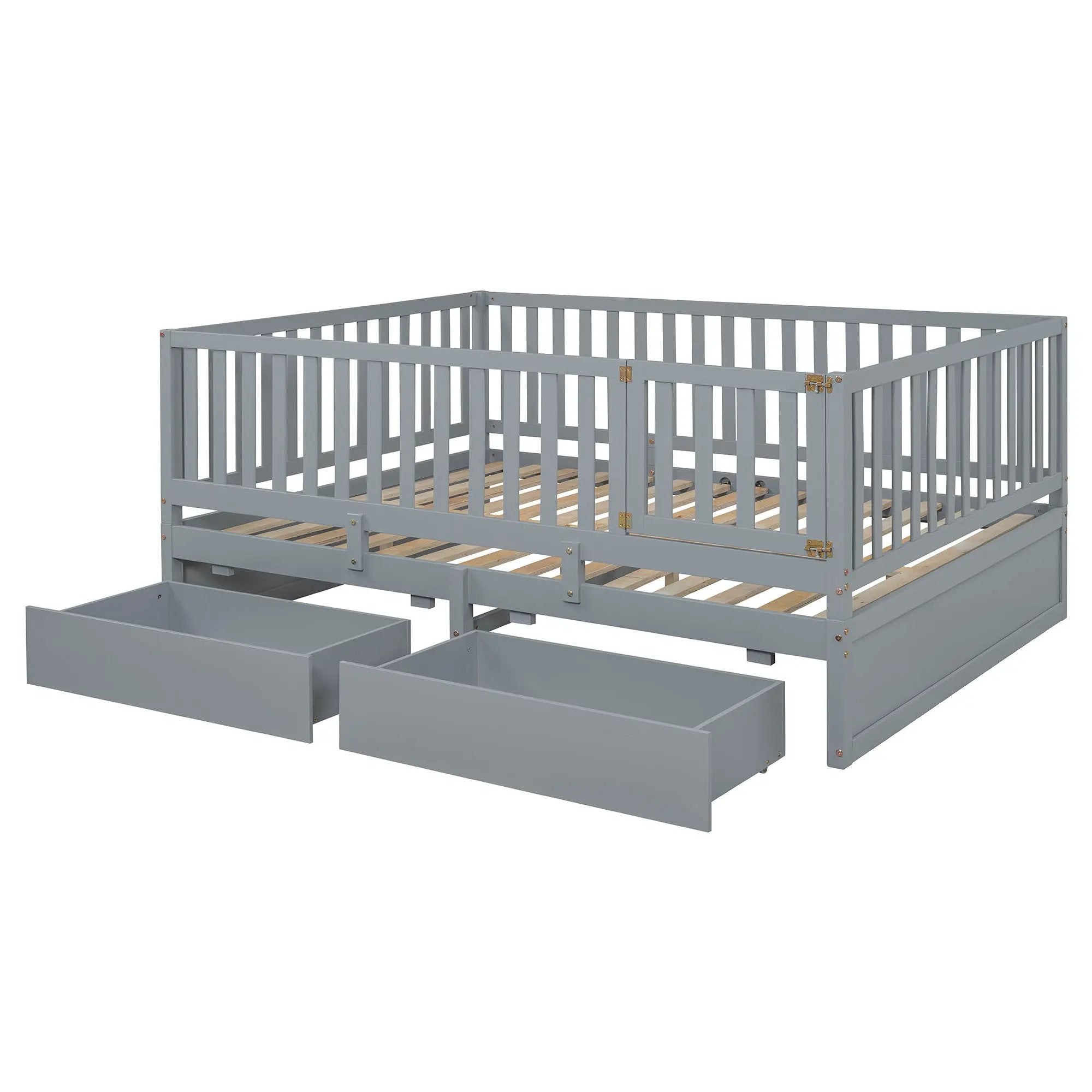 Daybed With Fence Guardrails And 2 Drawers, Split Into Independent Floor Bed & Daybed by HouseOfZazla