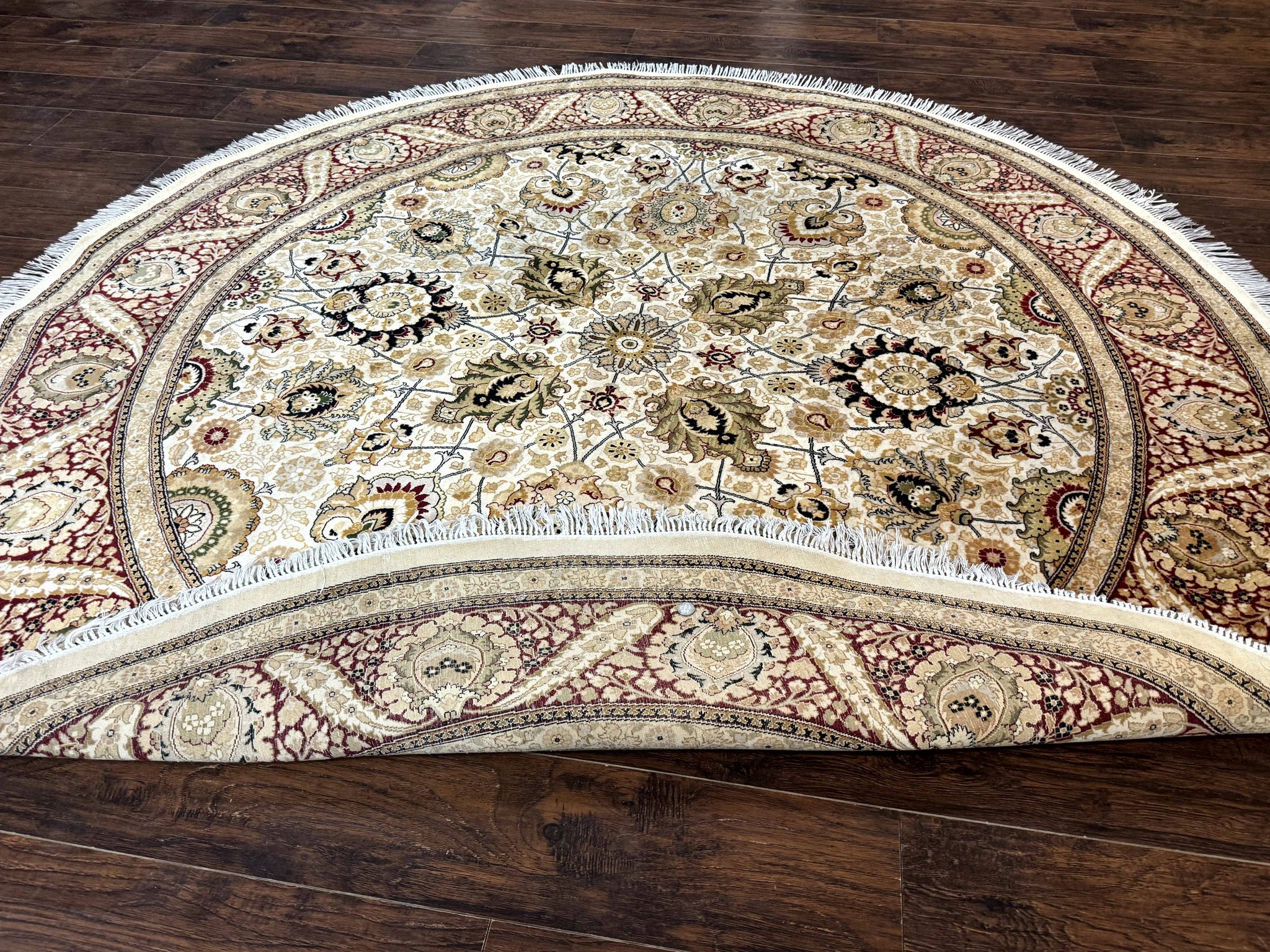 Round Pak Persian Rug 8x8, Vintage Handmade Wool Traditional Carpet, Beige Dark Red, Fine 270 KPSI by Jewel Rugs