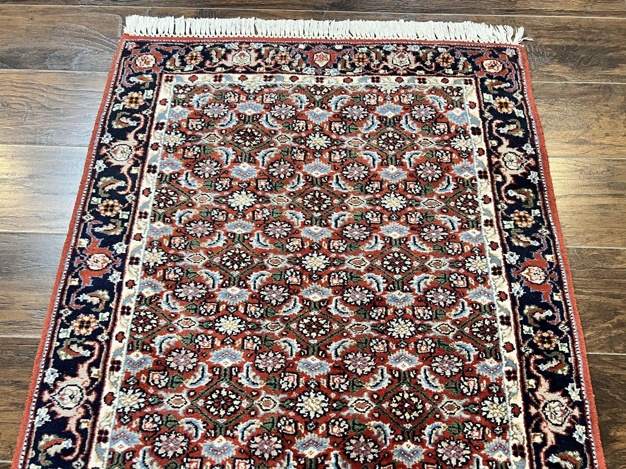 Indo Persian Rug 3x5, Red and Navy Blue, Wool Vintage Handmade Small Carpet 3 x 5 ft, Herati Pattern, Bidjar Rug by Jewel Rugs