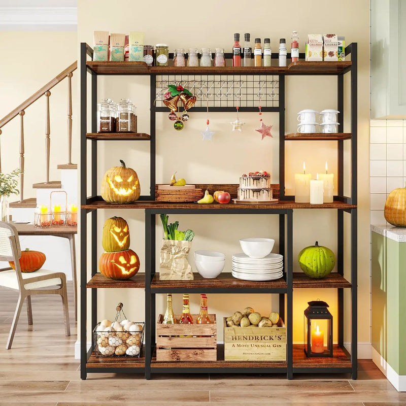 Baker's Rack With Hutch, 5 Tier Kitchen Storage Shelf, Freestanding Utility Pantry Organizer With Hooks And Microwave Stand - Black by HouseOfZazla