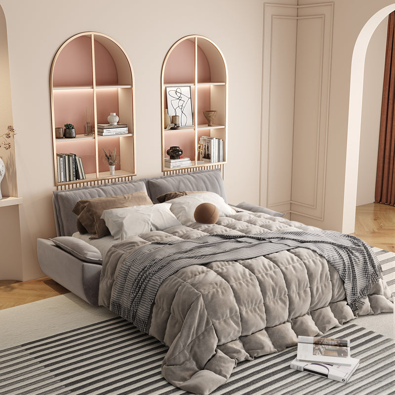 Grey Velvet Queen Pull Out Sofa Bed with 3-in-1 Convertible Design