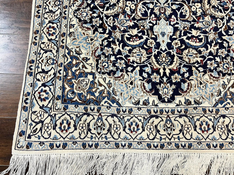 Persian Nain Rug 4x6, Floral, Hand Knotted Vintage Wool & Silk Highlights, Signature from Masterweaver, Navy Blue and Ivory by Jewel Rugs