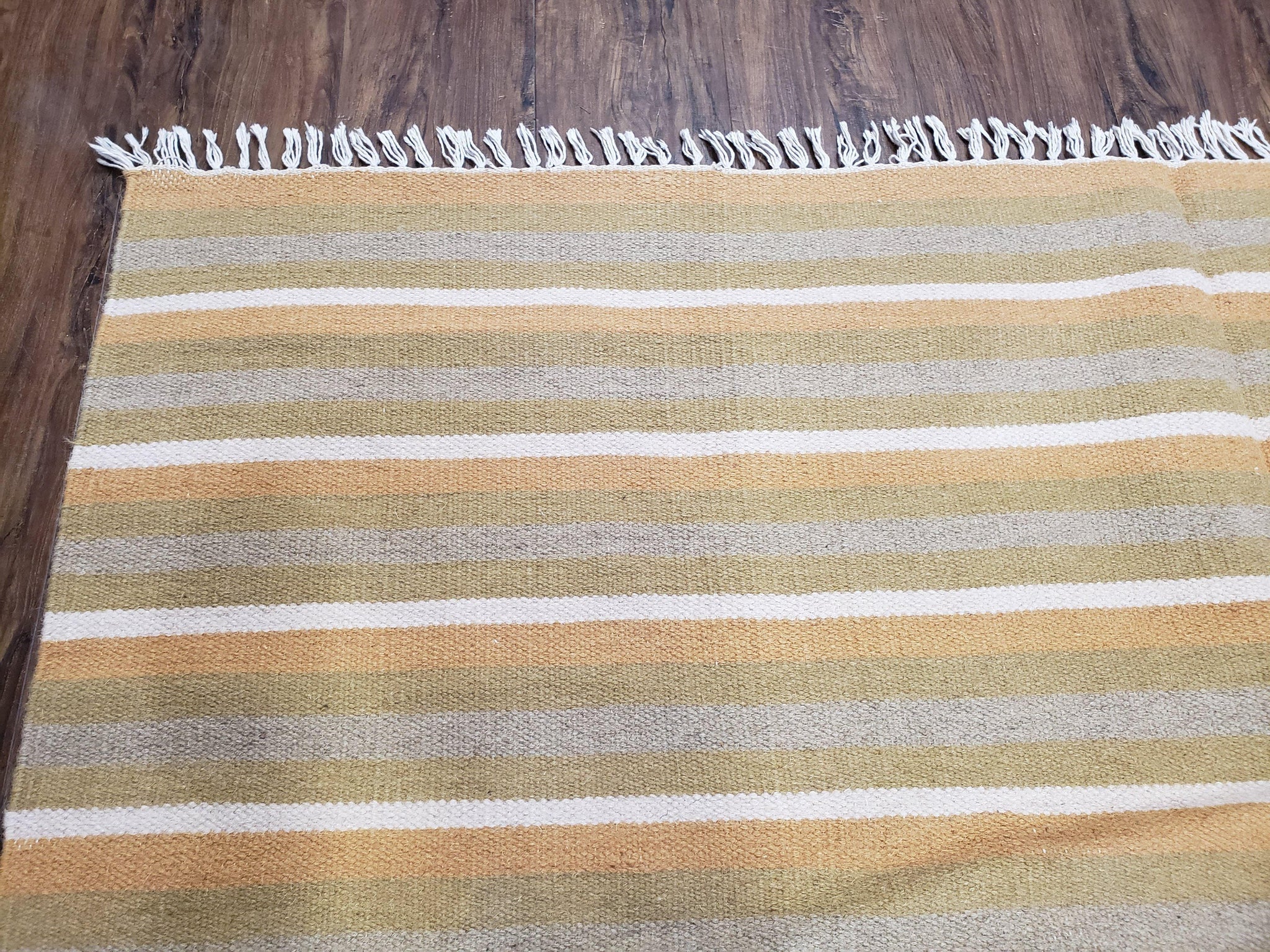 New Indian Kilim Area Rug, 6x8 - 7x8 South American Style Blanket, Striped Indian Wool Hand-Woven Flat Weave 6x9 Bedroom Rug, Ivory Ochre by Jewel Rugs