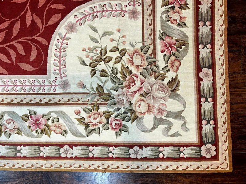 Wonderful Aubusson Rug 9x12, Handmade Vintage Needlepoint Carpet, Red and Ivory, Elegant European Design, Wool by Jewel Rugs