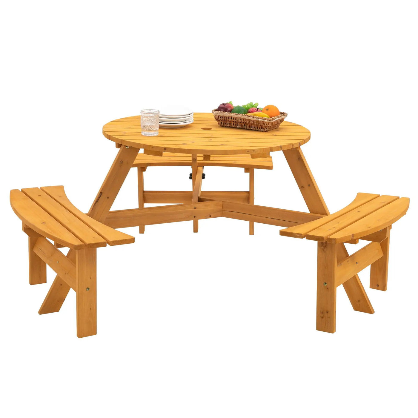 6 Person Circular Outdoor Wooden Picnic Table For Patio, Backyard, Garden, Diy With 3 Built-In Benches, 1720Lb Capacity by HouseOfZazla