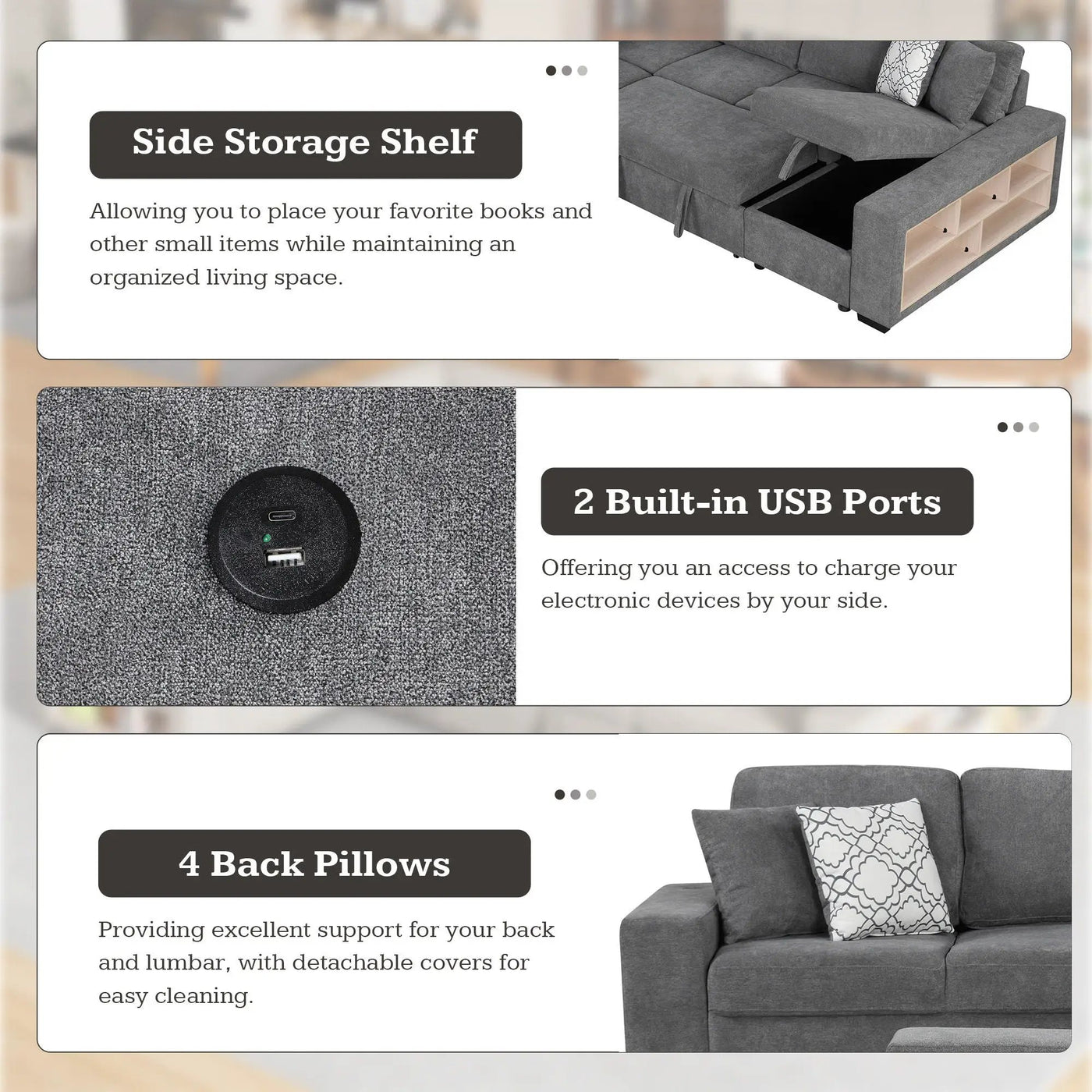 U-Shaped Sectional Sofa Pull-Out Sofa Bed With Two USB Ports, A Storage Chaise Lounge And Four Back Pillows For Living Room by HouseOfZazla