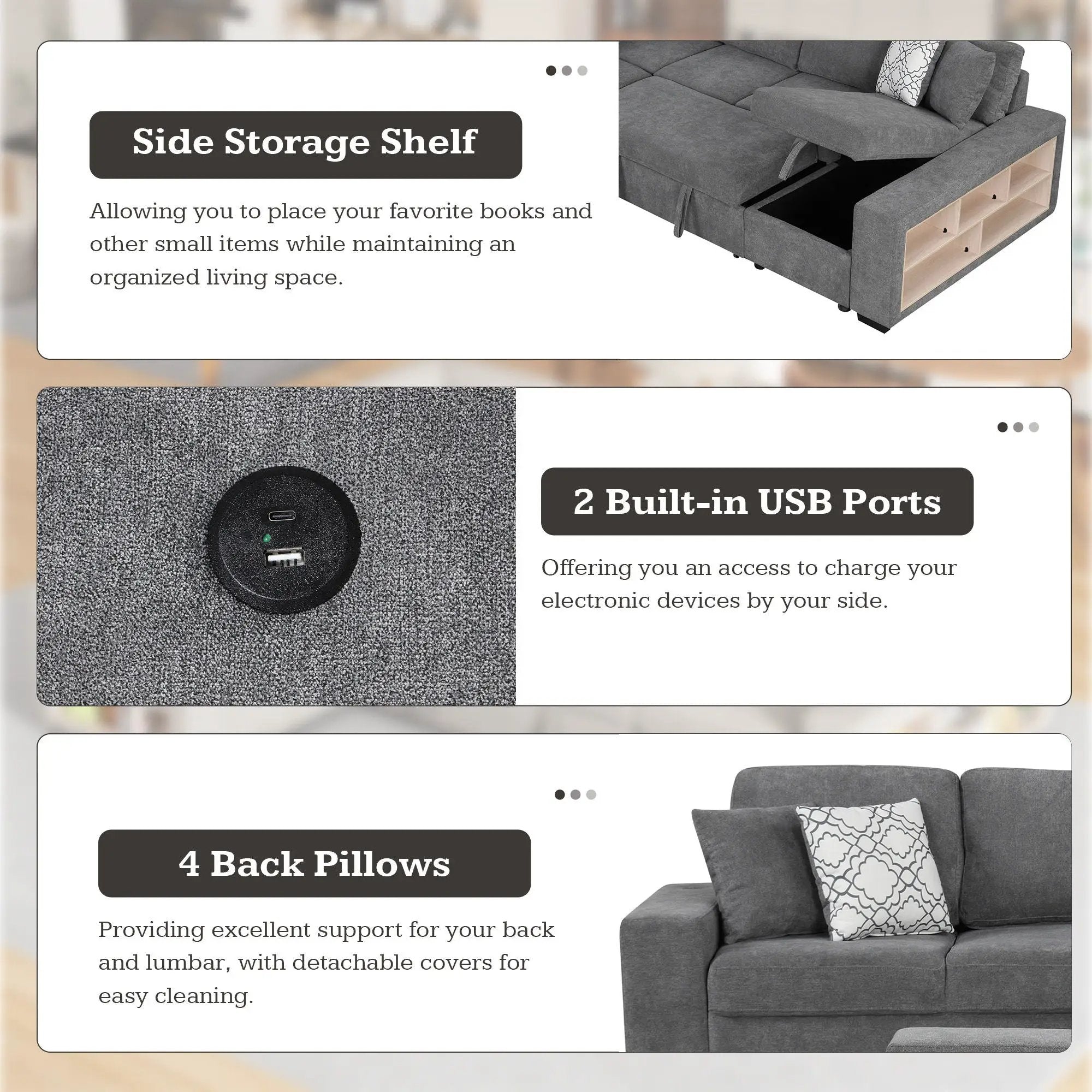 U-Shaped Sectional Sofa Pull-Out Sofa Bed With Two USB Ports, A Storage Chaise Lounge And Four Back Pillows For Living Room by HouseOfZazla