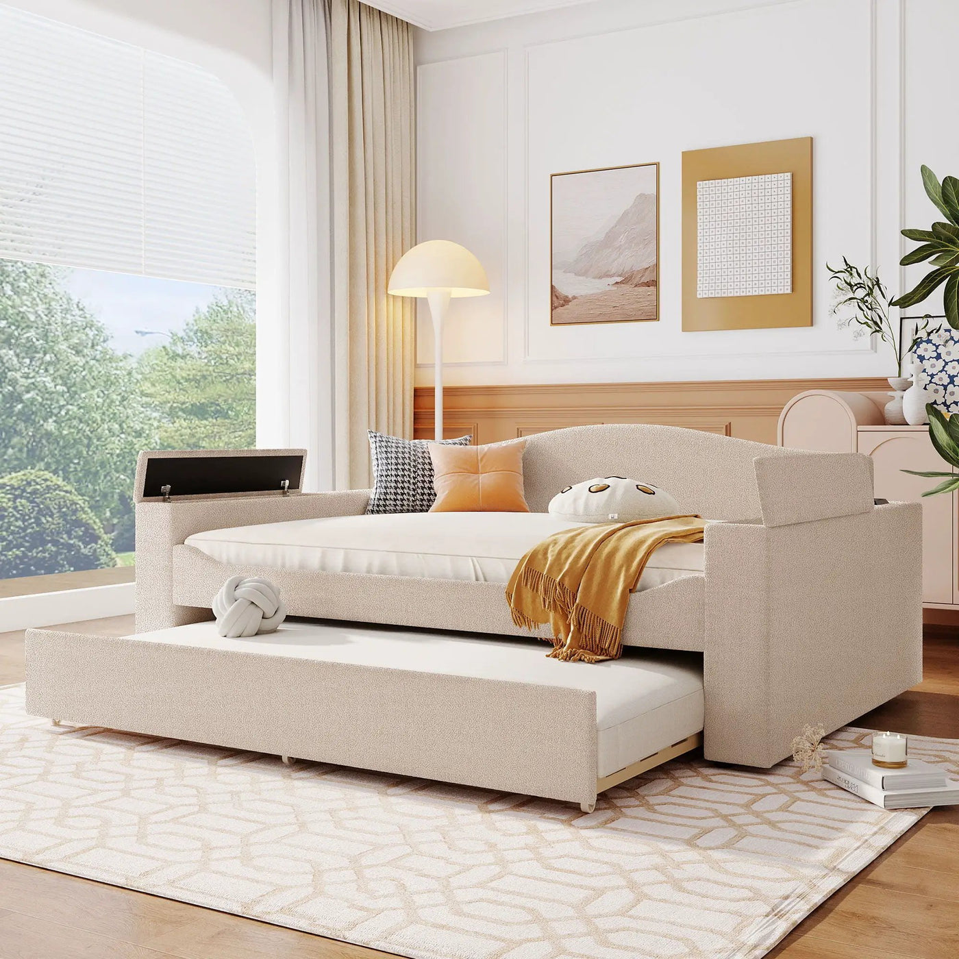 Upholstered Daybed With Storage Armrests, Trundle And Latest Integrated tooth Audio System by HouseOfZazla