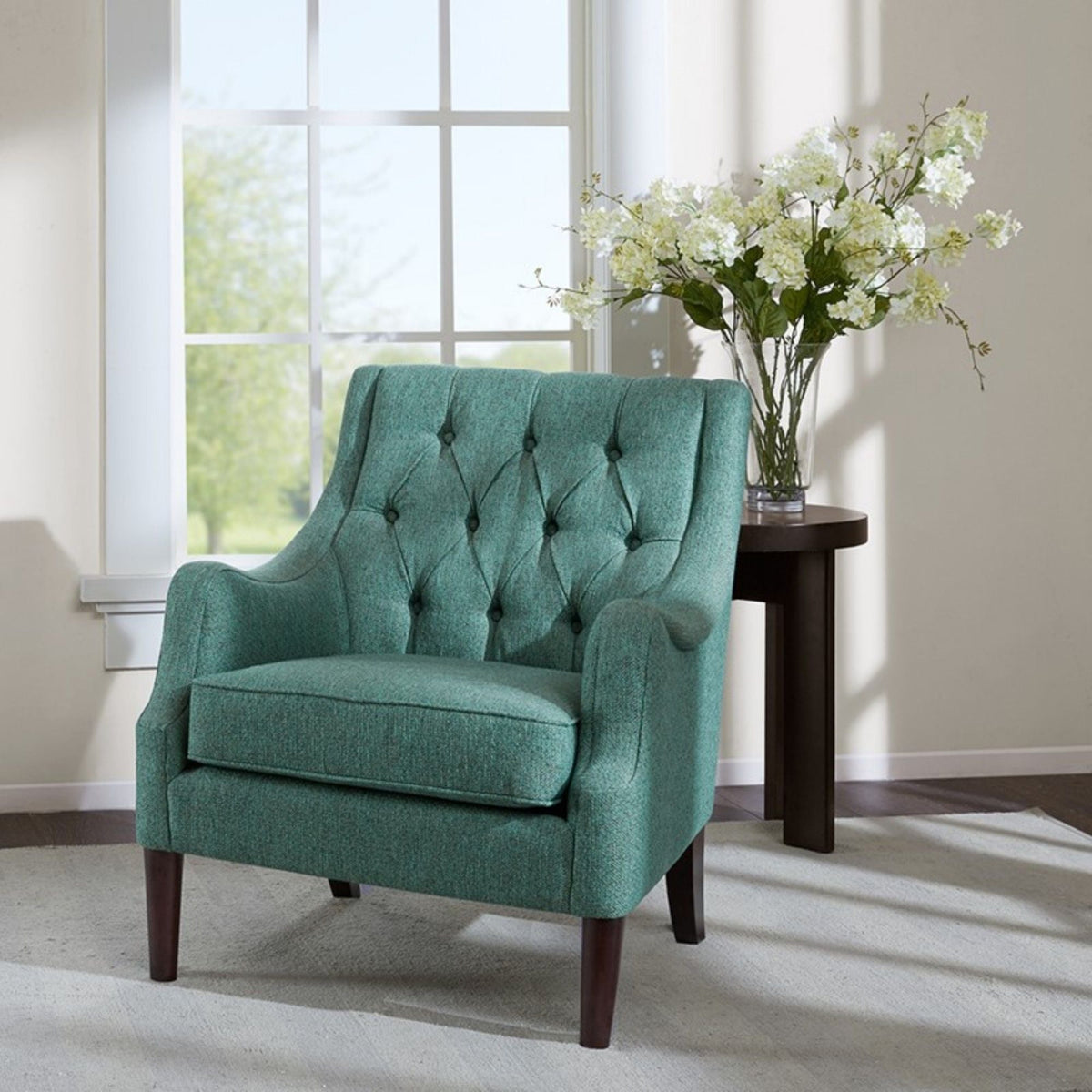 Button Tufted Accent Chair with Solid Wood Legs - Teal, photo 6 of 7