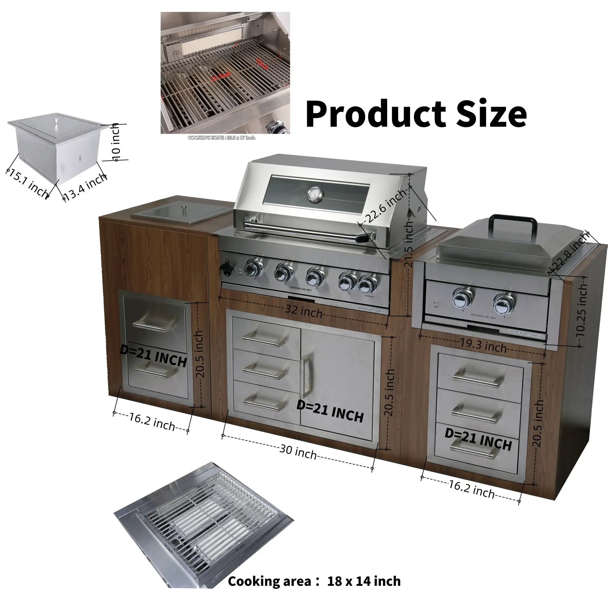 Built-In Outdoor Kitchen LPG Gas Grill 60000 Btu, Drop-In Ice Box With BBQ Tool Set - Silver by HouseOfZazla