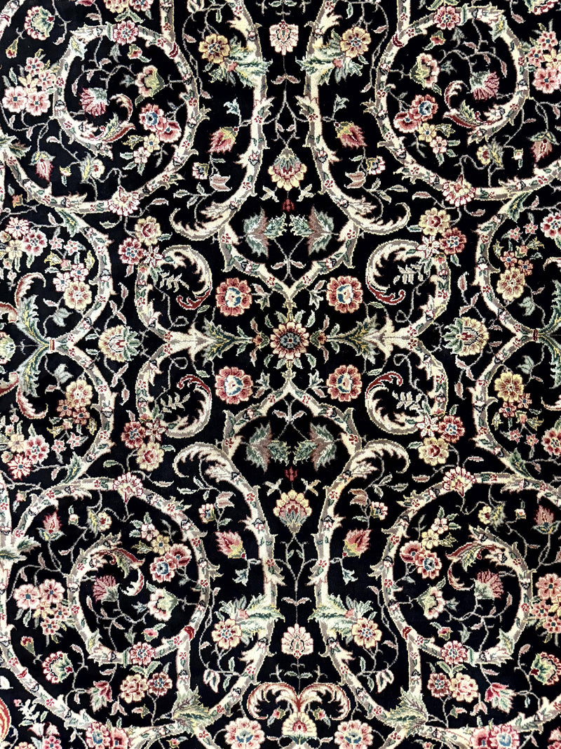 Black Pak Persian Rug 8x11, Floral Pattern, Hand Knotted Vintage Wool Rug with Silk Highlights, Fine 200 KPSI by Jewel Rugs