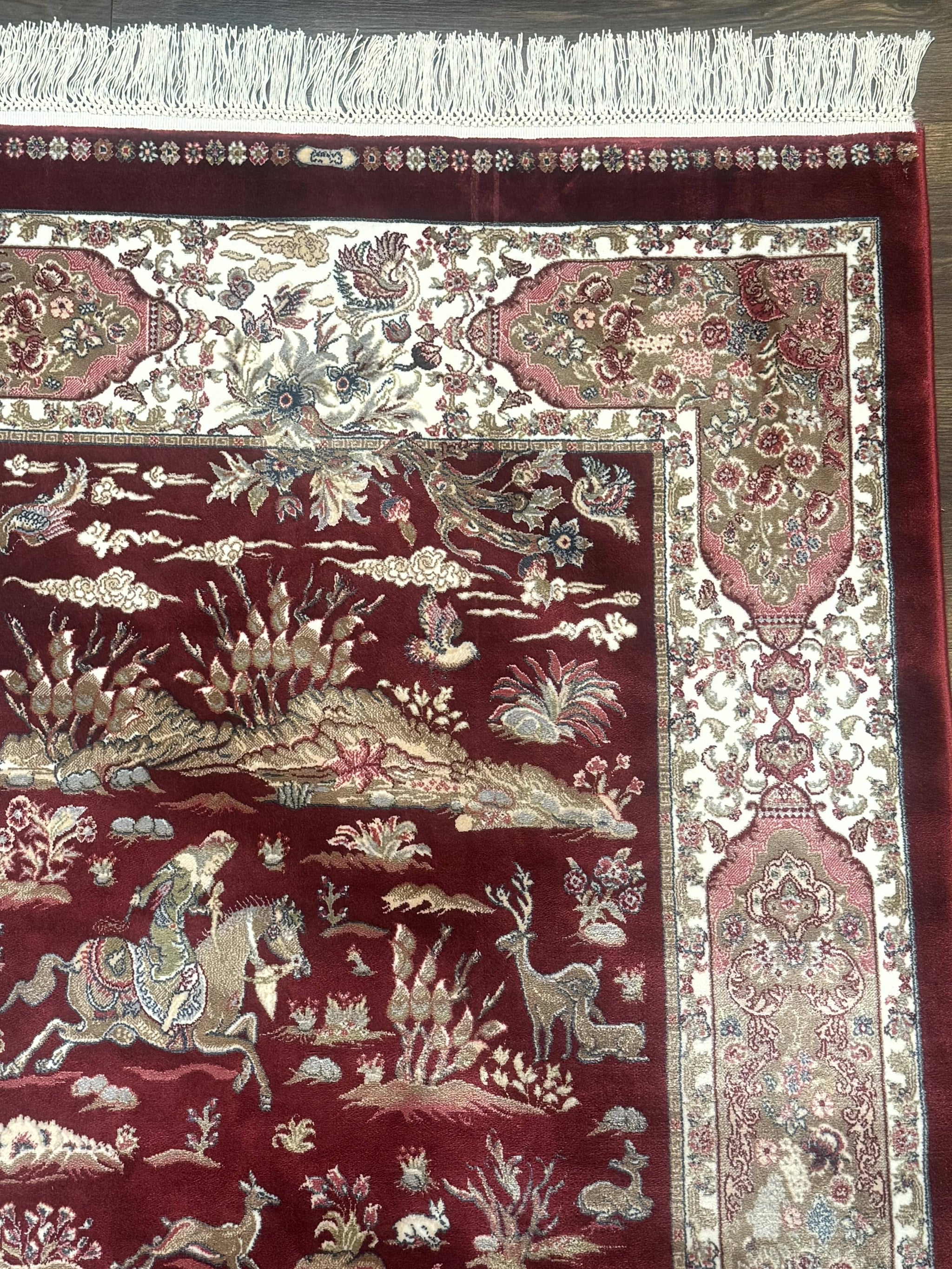 Turkish Silk Rug 3x5, Hunting Design, Dark Red & Ivory, Bamboo Silk, New by Jewel Rugs