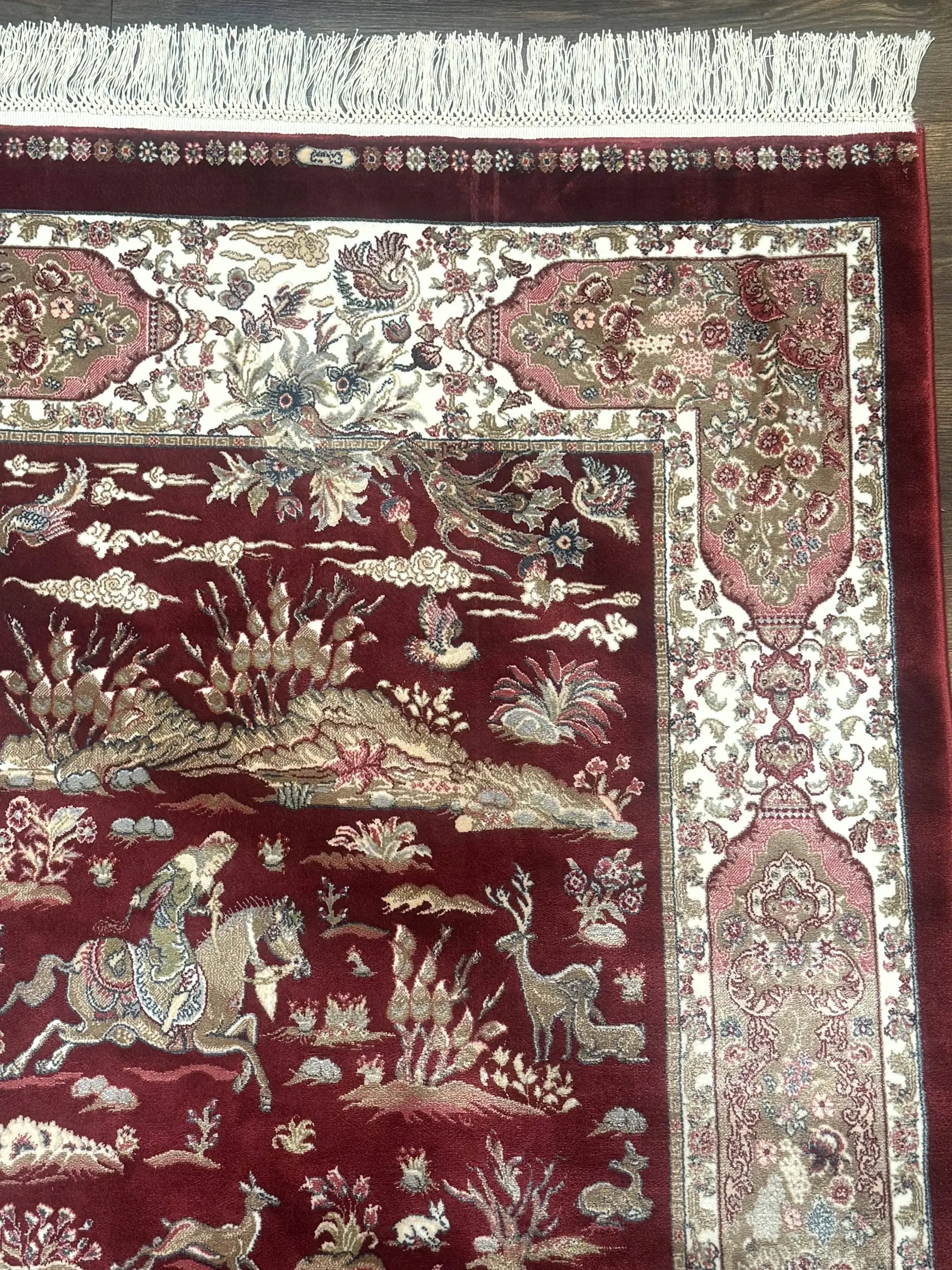 Turkish Silk Rug 3x5, Hunting Design, Dark Red & Ivory, Bamboo Silk, New by Jewel Rugs