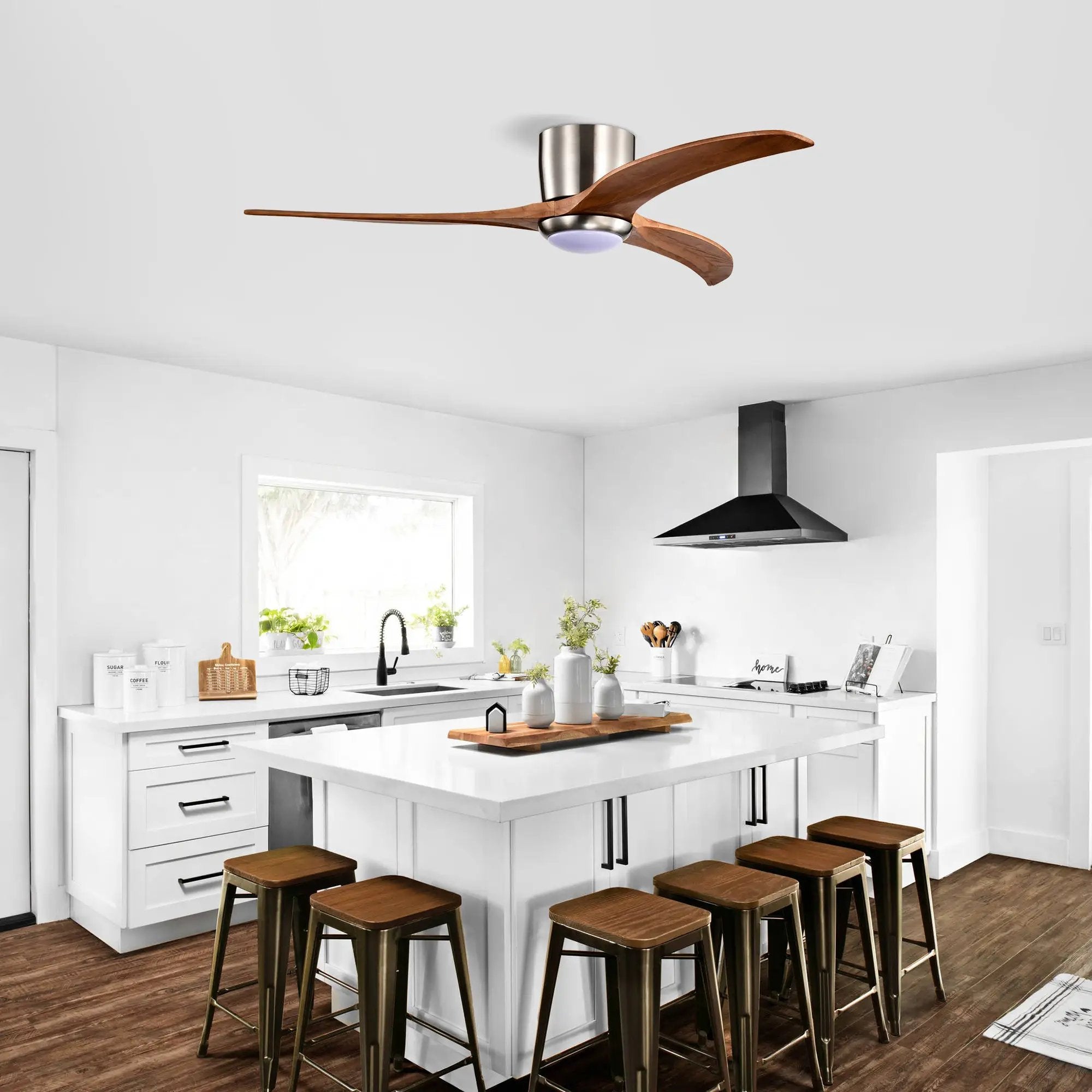 52" Flush Mount Fan Light with Solid Wood Blades and Remote Control by HouseOfZazla