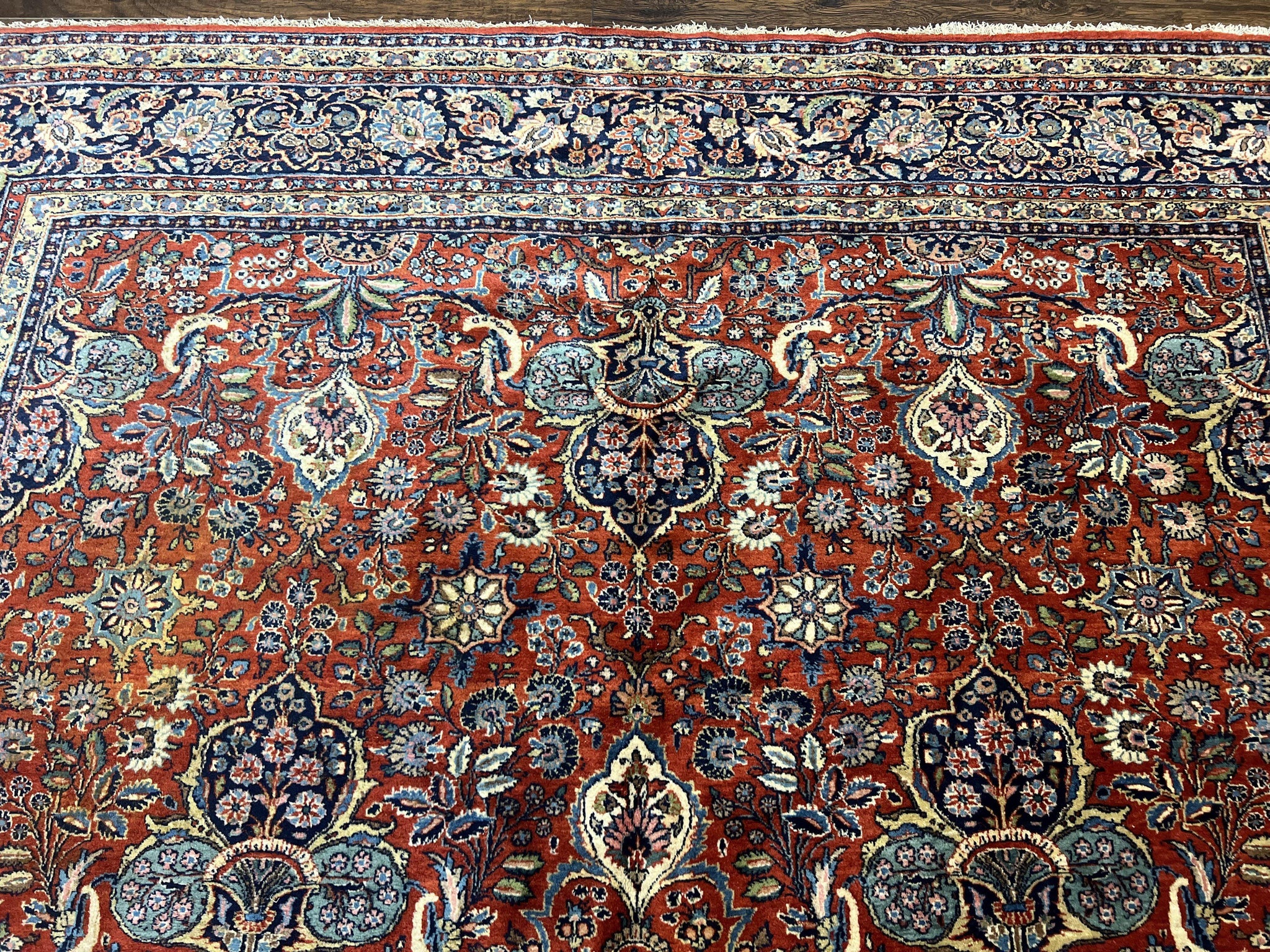 Persian Sarouk Rug 9x12, Red and Dark Blue Floral Allover Antique Persian Carpet, Handmade Wool Qazvin Rug by Jewel Rugs