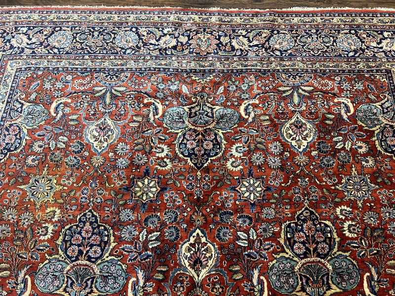 Persian Sarouk Rug 9x12, Red and Dark Blue Floral Allover Antique Persian Carpet, Handmade Wool Qazvin Rug by Jewel Rugs