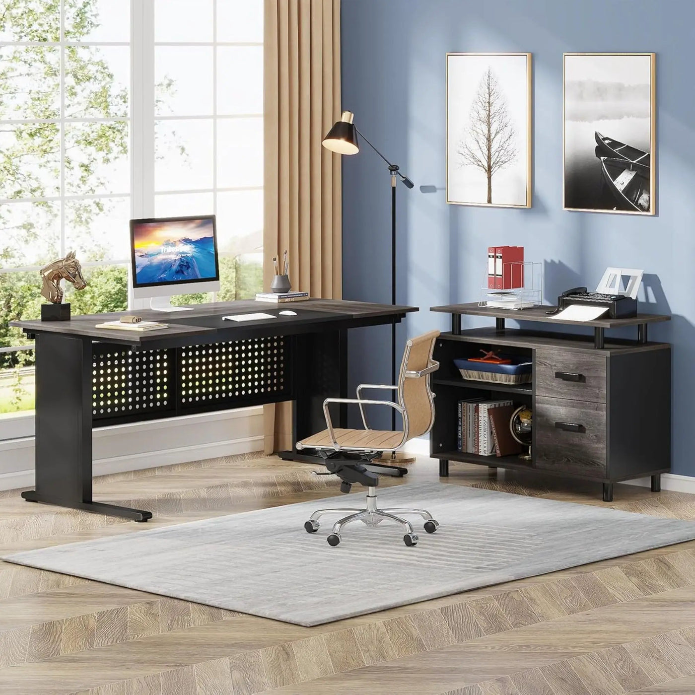 L-Shaped Executive Desk With File Cabinet, Office Workstation With Drawers, Shelves & Storage by HouseOfZazla