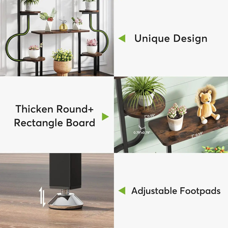 8 Tier Plant Stand With Round And Square Shelves For Living Room, Patio, Balcony & Garden - Brown / Black by HouseOfZazla