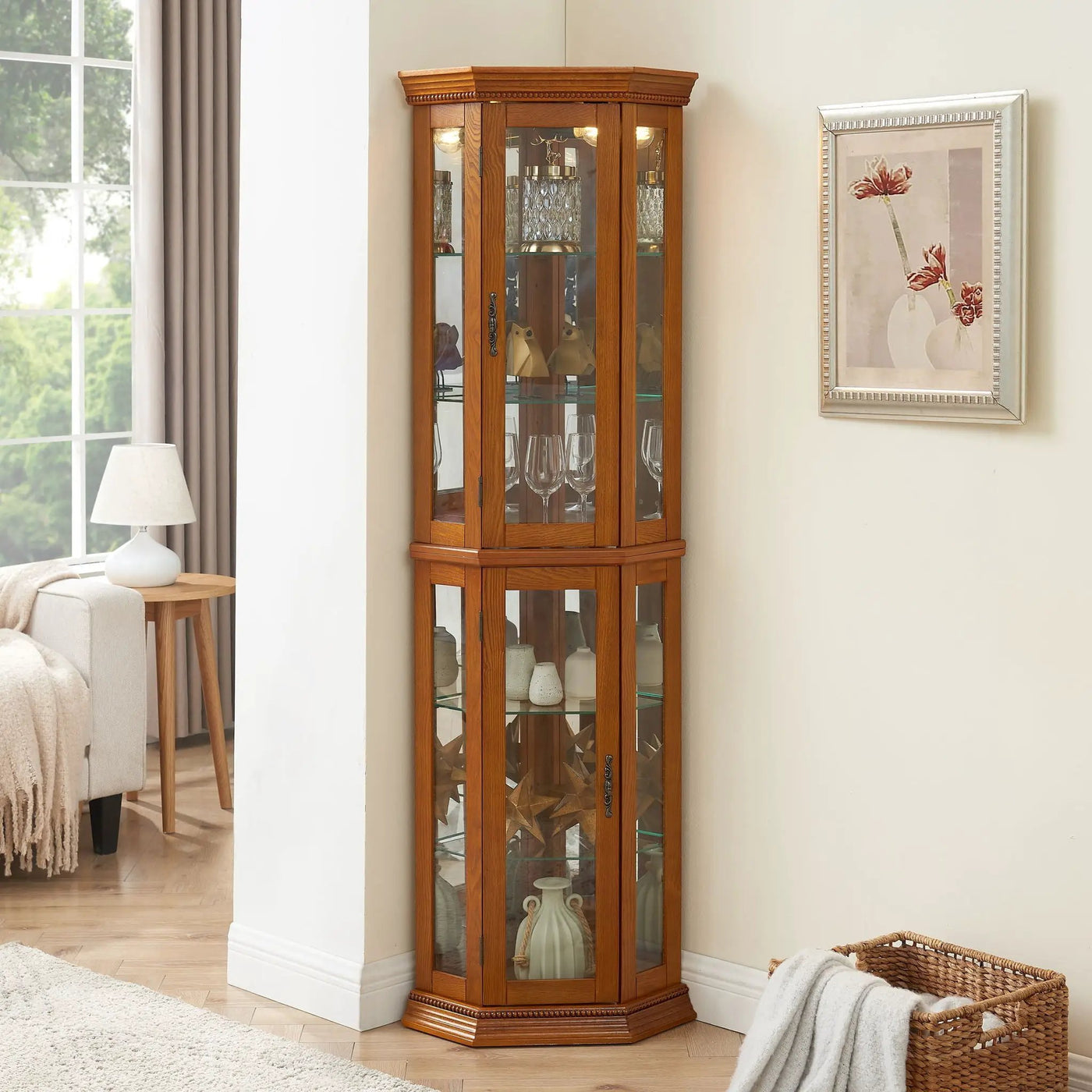 Corner Curio Cabinet With Lights, Adjustable Tempered Glass Shelves, Mirrored Back, Display Cabinet (E26 Light Bulb Not Included) by HouseOfZazla