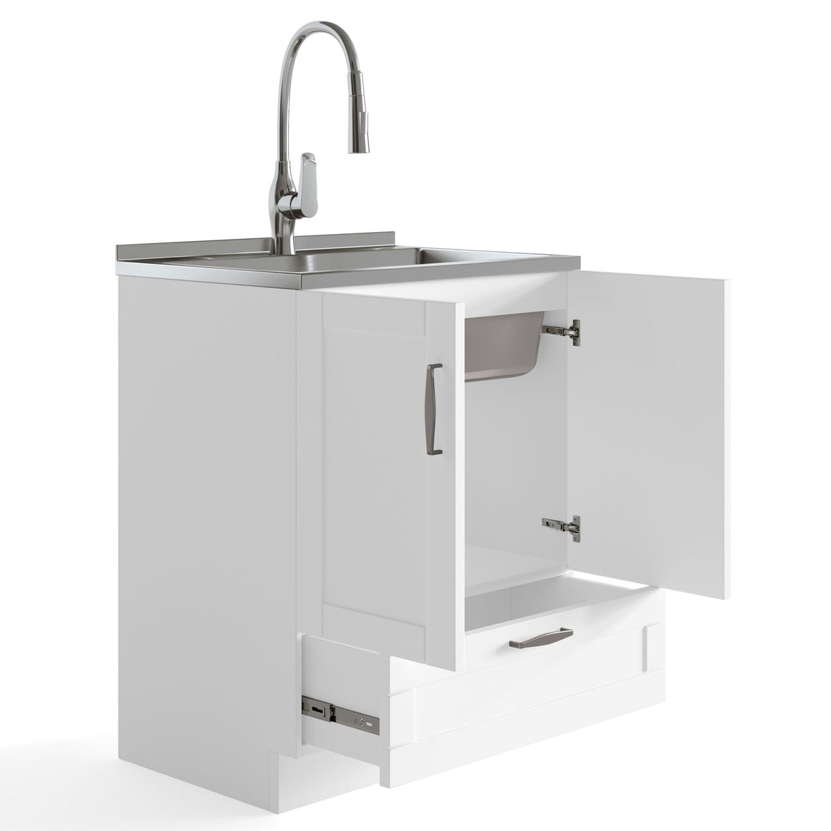 Deluxe Laundry Cabinet with Pull-Out Faucet and Stainless Steel Sink - White, photo 30 of 34
