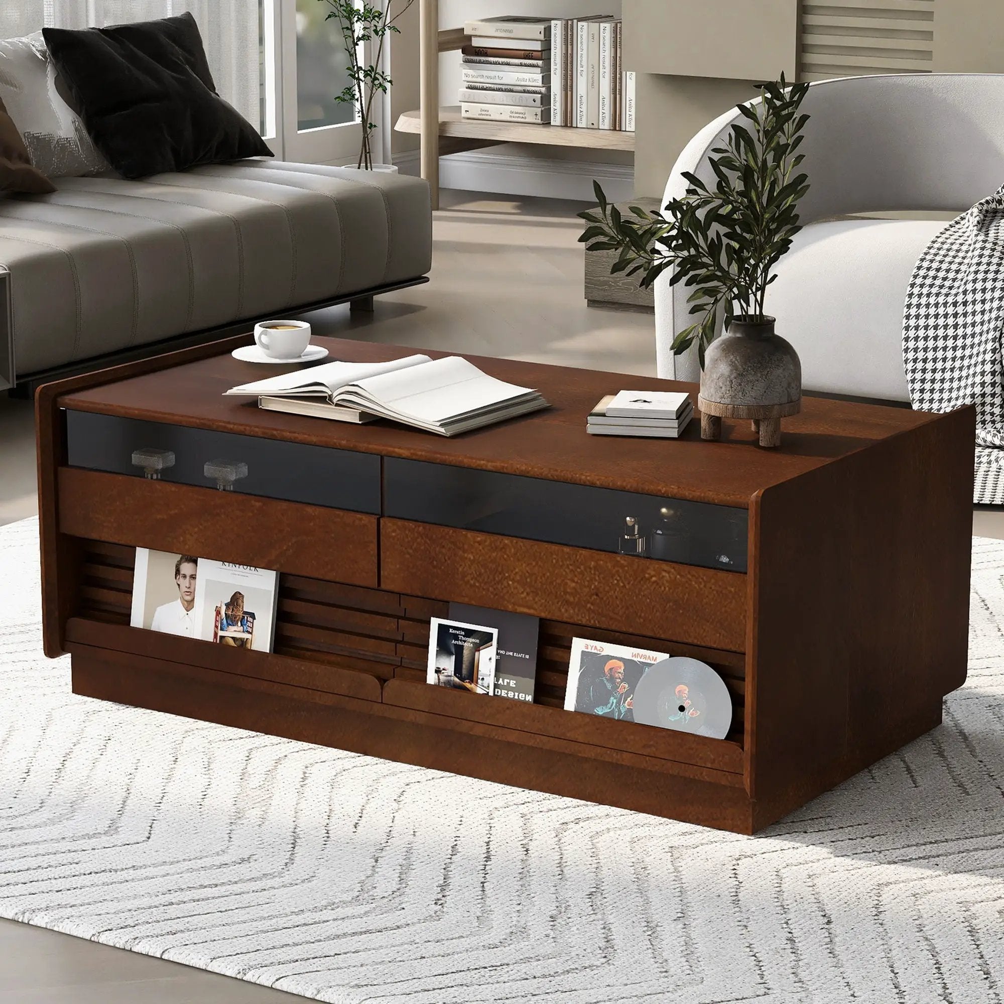 Modern Rectangle Coffee Table With 4 Drawers And 2 Display Shelves by Unique Piece Furniture