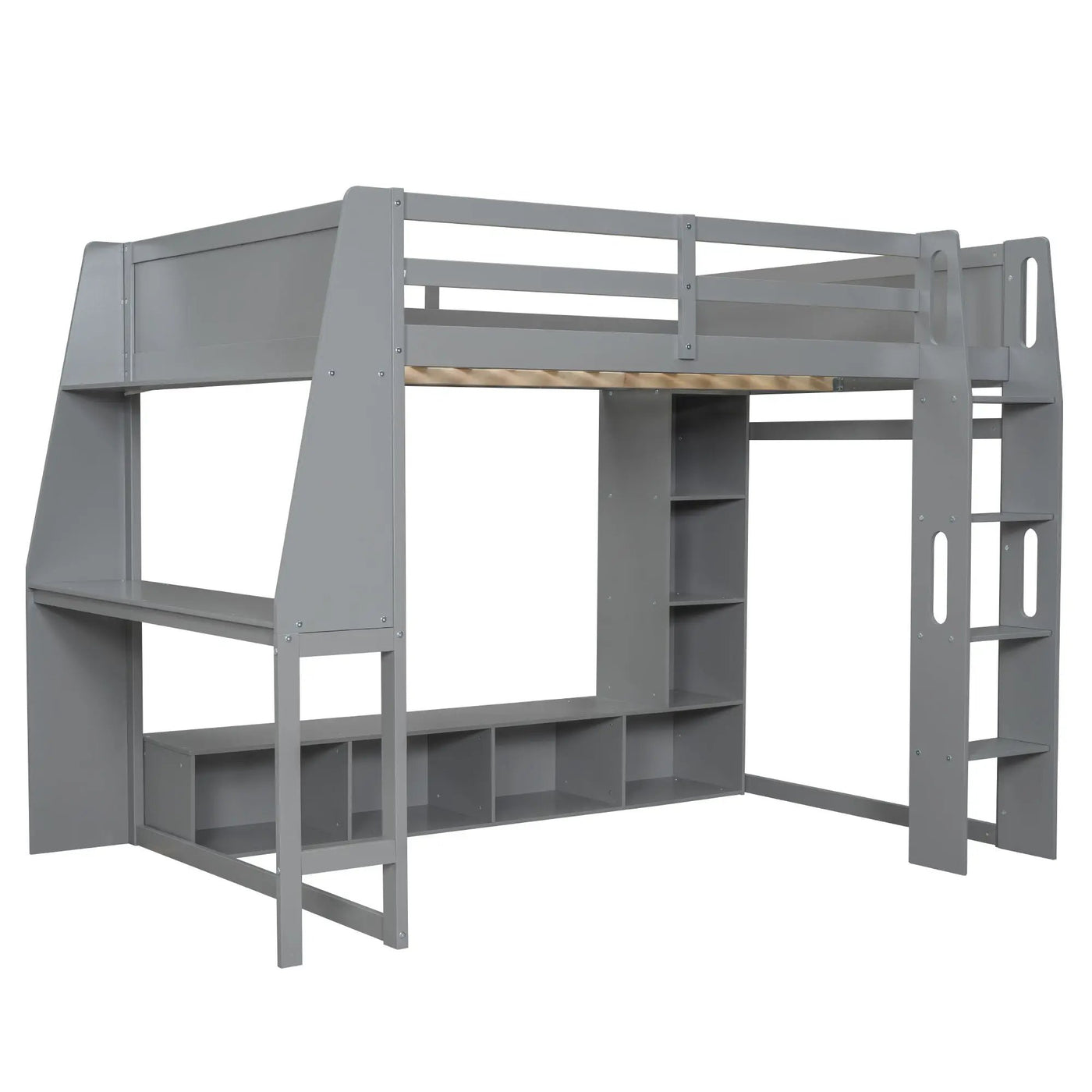 Gaming Loft Bed With Desk, Multi Storage Shelves, LED Lighting, And Hanging Clothes Rack by HouseOfZazla
