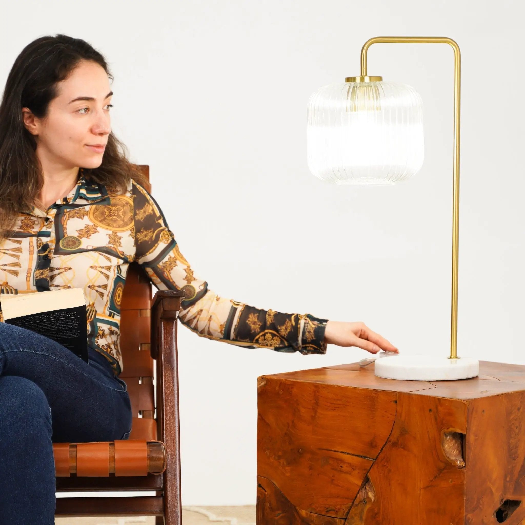 Haven - Clear Table Lamp, Button Control - Gold / White / White Marble by Unique Piece Furniture