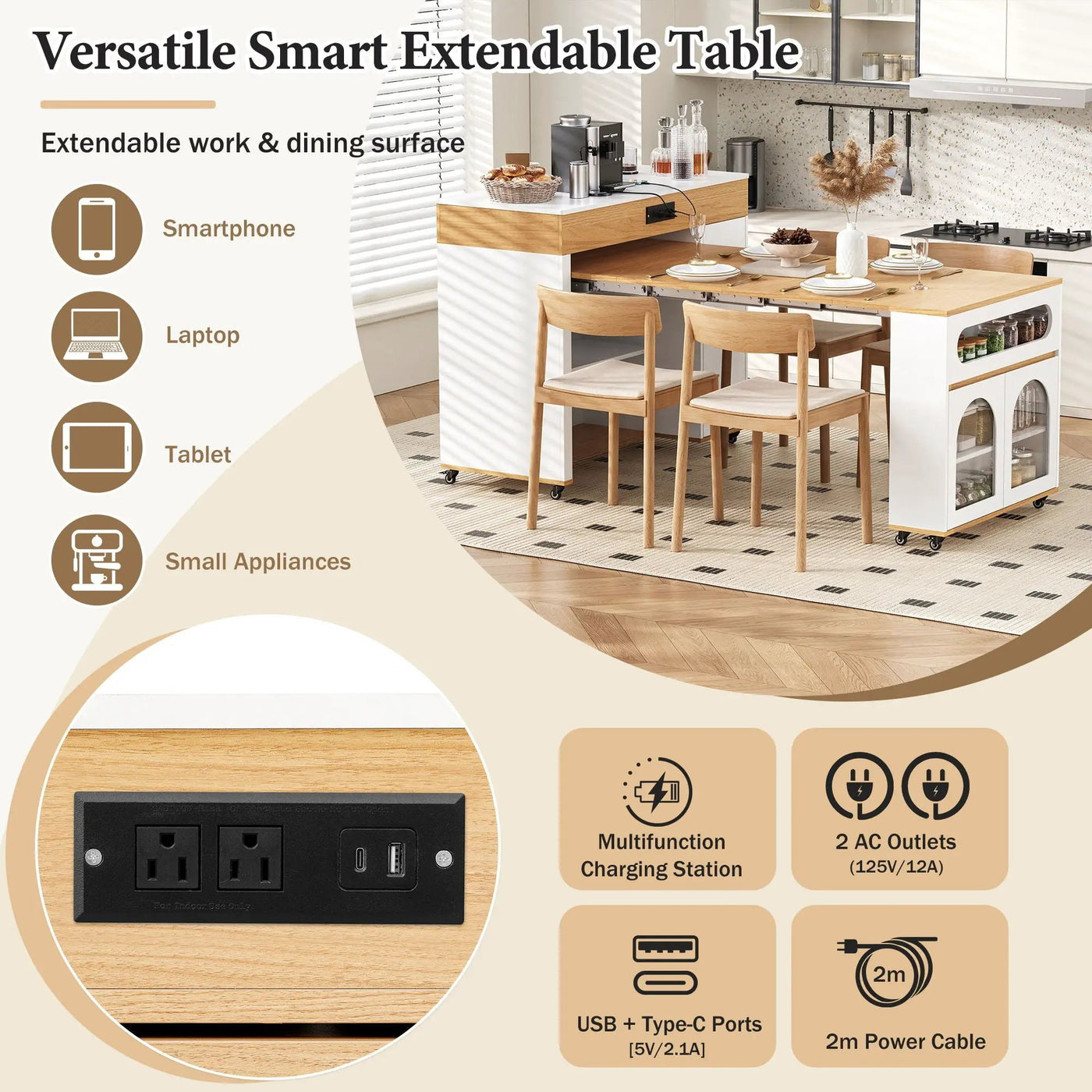 Extendable Dining Table With Folding Top, Rolling Kitchen Island With Drawers And Power Outlet by Unique Piece Furniture