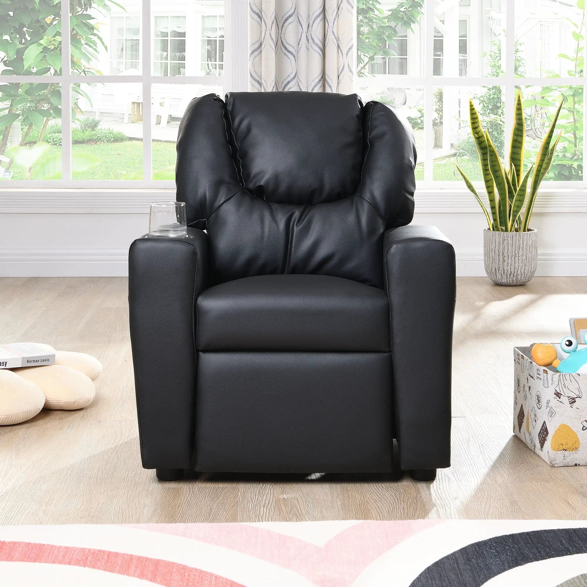 Sally Deluxe Kids Recliner Chair With Cup Holder - Black by HouseOfZazla